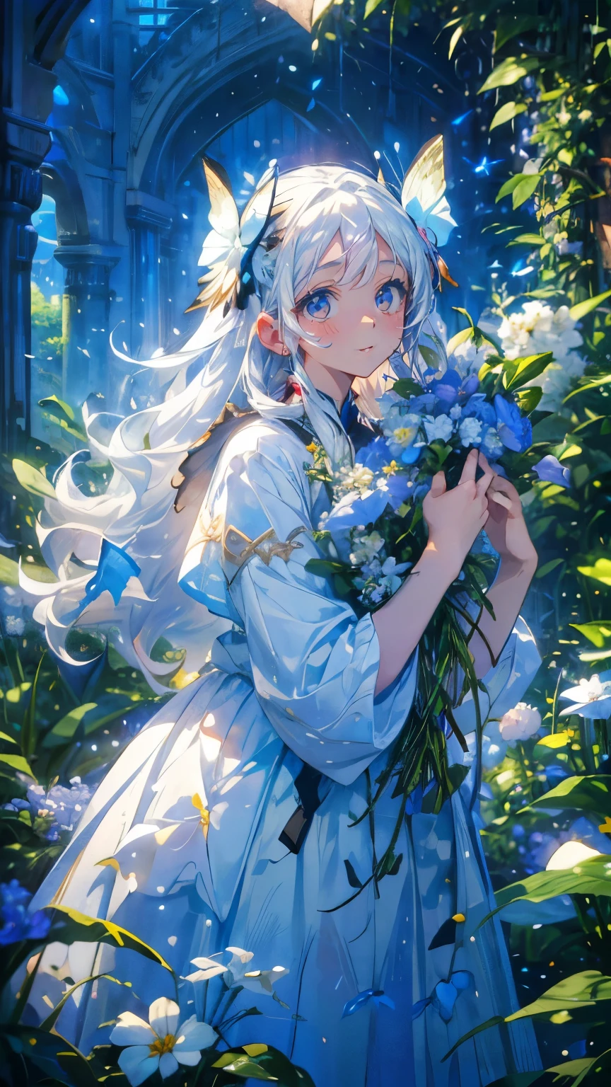 (Mastepiece), (Best Quality), Very detailed, 1 girl, (Solo Shooting:1.4), Perfect Face, beautiful girl, Very detailedな顔,(Long white hair:1.5),(Blue eyes:1.4),(White Dress:1.4)、(Lots of butterflies々:1.4)、bird、(ruins、Plants、flower:1.4)、Fairy、mysterious、Fantasy、beautiful、beautiful、(Close your eyes and laugh:1.3)、(Happy Face:1.4)、A big smile