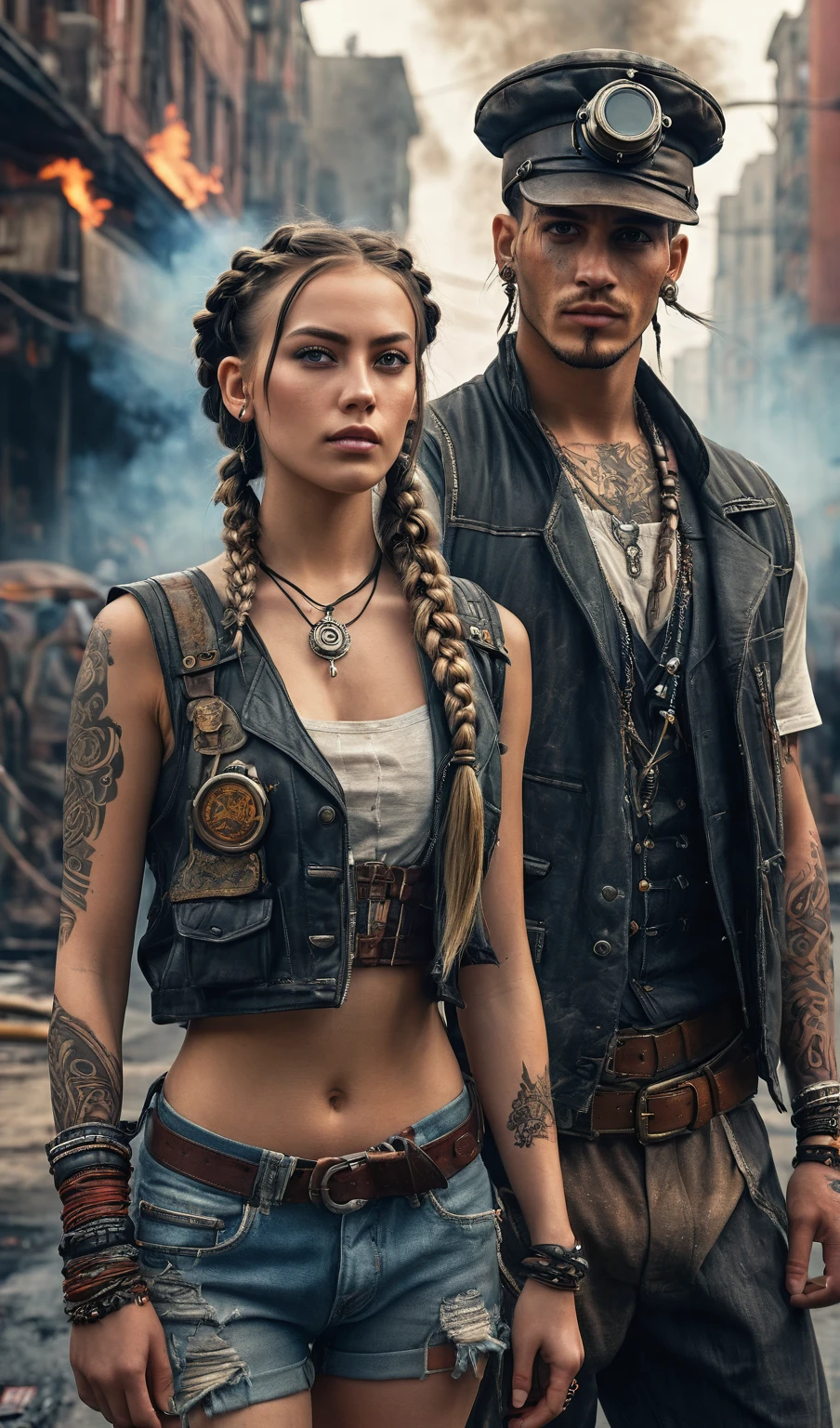 Masterpiece, above, very detailed, original photo, Very Realistic, a handsome 28 year old young man wearing a steam punk hat, wearing a pierching, left arm with a very detailed complicated tribal tattoo, wearing a baseball vest must be bone white full of patches, shorts steam punk, cool combat boots facing forward, the young man is seen standing in the middle of the road facing the camera with a beautiful woman with pulled back braids wearing the same very realistic clothes, cyberpunk city background, collapsed buildings, huge flames and thick plumes of smoke. ultra realistic, dramatic scene, facial details, eye details, lip details, finger details, environment details, cyberpunk theme details, facing camera, full body, front, 32K ultraHD resolution, HDR, 800mm lens, realistic, hyperrealistic, photography, professional photography , immersive photography, ultra HD, ultra high quality, best quality, HDR photo, focused photo, original photo, ultra sharp, nature photo, masterpiece, awarded winner , taken with hasselblad x2d.