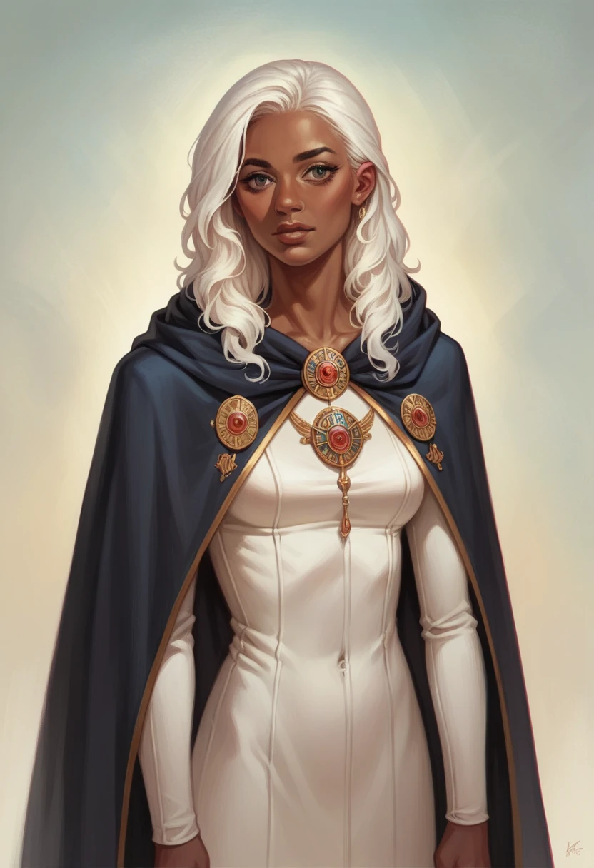 ((best quality)), ((masterpiece)), (detailed), 1girl, mixed race girl, African American + Caucasian girl with lighter skin, young woman, beautiful, skinny, white hair, modern western attire, cloak, wearing casual clothes underneath cloak