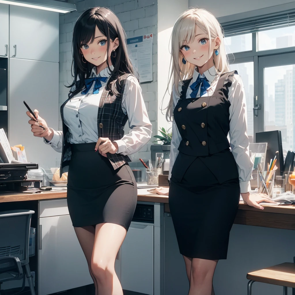 (Best Quality, Masterpiece),Wearing a pink plaid vest, White short sleeved shirt, Gray pencil skirt, Wear stiletto heels, Necklace, earrings, Cute face, Smile, Blushing, Shyness, Glass wall, Ultra Detail, Realistic, Front view, Whole body, stunning, cute, warm smile, hourglass figure, apron, text, chart, advertising, magazine title(Best Quality, Masterpiece), Mag((((1ladyl,)))) (masterpiece), (realistic), (best quality), (ultra-detailed), (wearing in [[white and gray check pattern]] Vest worn over white collared long-sleeved shirt:1.4), (gray vest with buttons:1.2), (Pink Theme:1.2), (blue ribbon ribbon:1.3), (Black theme:1.4), (Tight black pencil skirt:1.5), ((Brown pantyhose)), (high-heels:1.1),longskirt,office desk, office chair,Lulubre Unity 8K Wallpaper, pantyshot, long brown hair, office lady Magazine Cover, 1girl,  amazing, girl, 30 years old, house wiife, warm smile, hourglass figure, text, chart, advertising, magazine title