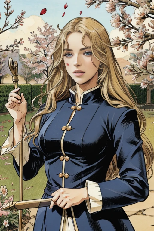 A girl in a garden, beautiful detailed eyes, beautiful detailed lips, extremely detailed eyes and face, long eyelashes, beautiful woman with long blonde hair, blue eyes, long blonde hair blowing in the wind, muscular slender body, flexible body, blue military uniform from the French Revolutionary era, holding a rapier, captivating, sensual, inspired by Le Chevalier, Pixiv, Confetti, flower confetti, Sengoku period art style, high resolution details, lustrous hair details, moisturized skin details, beautiful face details, detailed outfit, rapier details, land of roses, Shigenori Soejima illustration