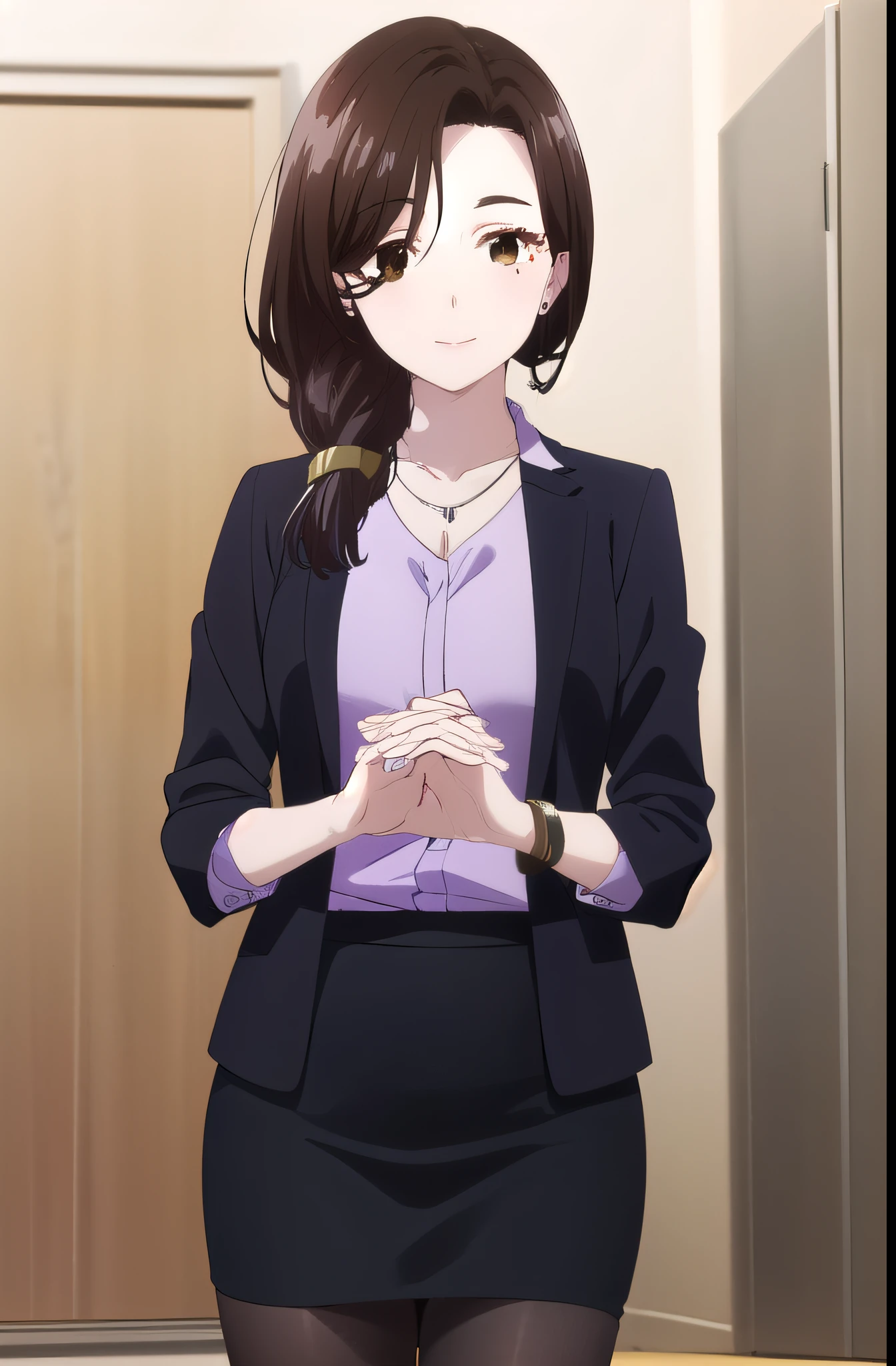 Erigot, Goto Airi, Long hair, Brown hair, (Brown eyes:1.5), Weaving, mole, mole under eye, Shoulder-length hair, Mature female, Smile,
rest skirt, shirt, Jewelry, jacket, Pantyhose, Black skirt, necklace, Black footwear, High heel, bracelet, black jacket, Side slits, Pencil Skirt, purple shirt, office lady,
rest indoors, office,
rest looking at viewer, (Cowboy shooting:1.5),
rest (masterpiece:1.2), best quality, high resolution, Unity 8K wallpaper, (illustration:0.8), (Beautiful and delicate eyes:1.6), Extremely detailed face, Perfect lighting, Extremely detailed CG, (Perfect hands, Perfect anatomical structure),