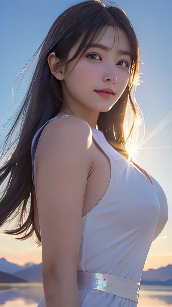 1 girl, masterpiece, Very detailed, (Beautiful and delicate shine), Lens flare, Gray Hair, Medium Long Hair, Floating Hair, think return, return, return, smile, blue eyes, White Dress, Big Breasts, Upper Body, Wide Shot, , ((Uyuni salt lake)), sunrise, cloud, returnlight, Purple Sky, Yellow Sky, Gradient Sky, ,Huge breasts,Looking at the audience