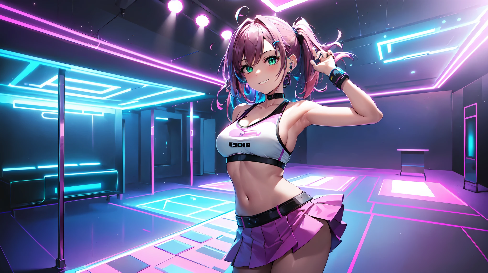 (Masterpiece, best quality: 1.2), 1 girl, pink-purple hair, side half, back to the camera, body is skeleton, solo, headphones, cyberpunk, grinning, eyes looking at the audience, purple-pink hair, headphones, sleeveless shirt, pleated skirt, holding cold weapons