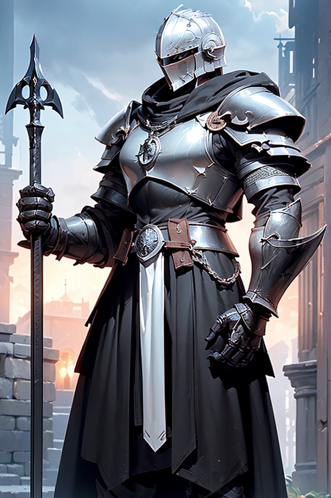 (masterpiece; best quality: 1.2), ((knight man)), ((solo)), (black eyes: 1.4), (body; toned, lean, masculine: 1.3), (beautiful and clear background: 1.2), ((depth of field)), (equipment: templar + dark surcoat + chainmail + closed helmet + pauldrons + gauntlets + greaves + black cloak : 1.3), (anime illustration: 1.2), (background composition; garden + plants: 1.1), (extremely fine and handsome: 1.1), (shot composition; standing + centered on torso + close-up: 1.5)