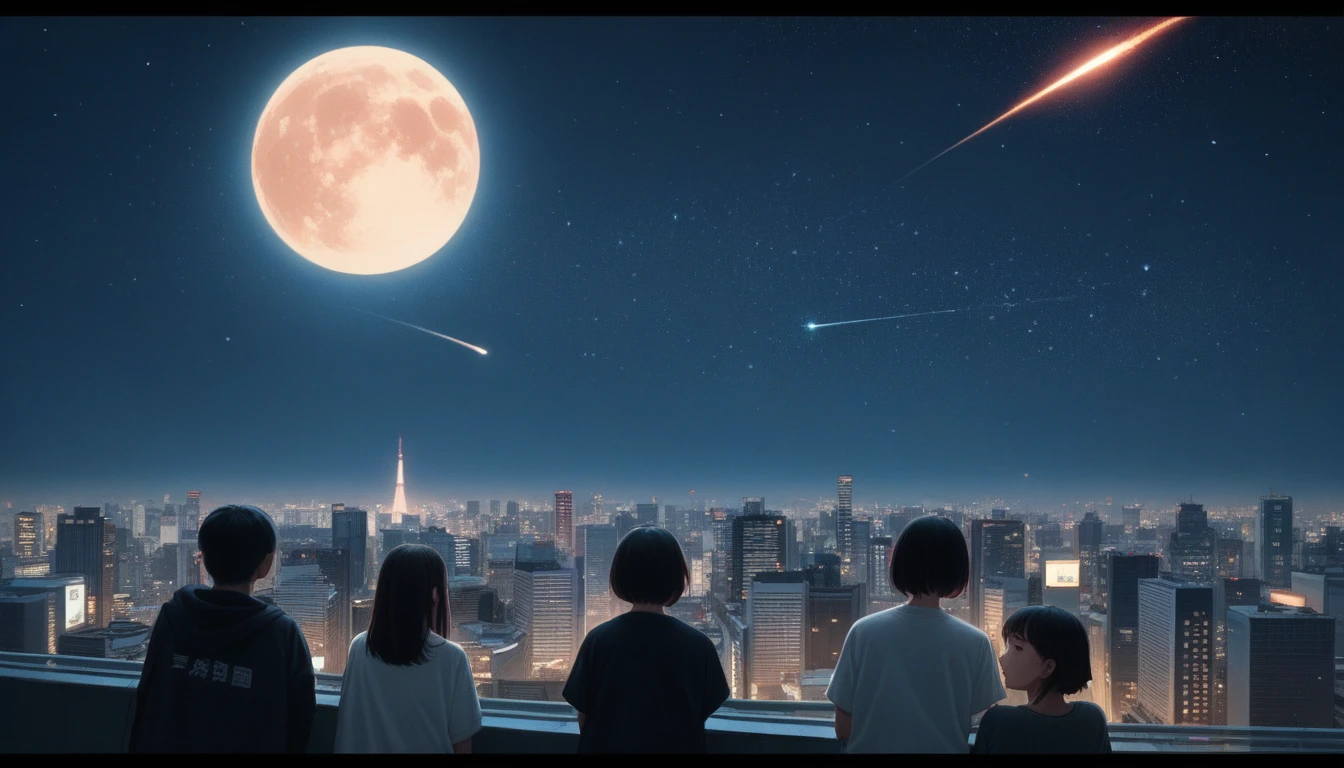 A medium side shot of a group of redheaded kids staring up at a starry night sky. A full moon and a meteor shower above a Tokyo cityscape.