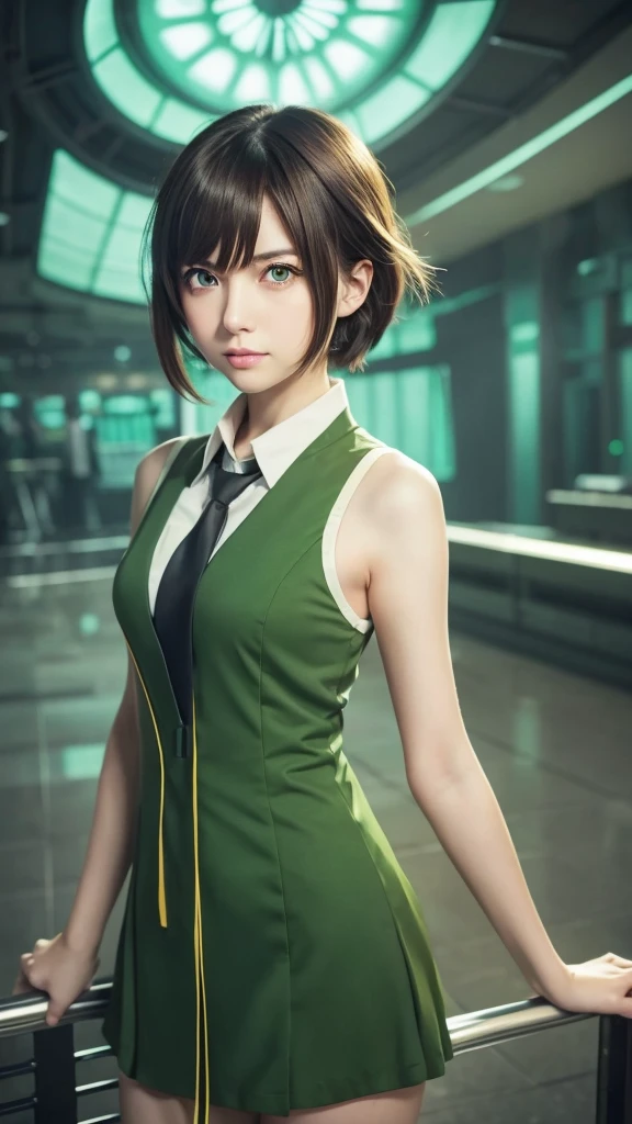 anime girl with green eyes and brown dress holding a yellow tie, makoto, tatsumaki, makoto shinka, steins;gate, steins ; gate, steins gate, iwakura lain, shinkai makoto, rin, makoto kano, female protagonist 👀 :8, female anime character, romanticism lain, anime moe artstyle