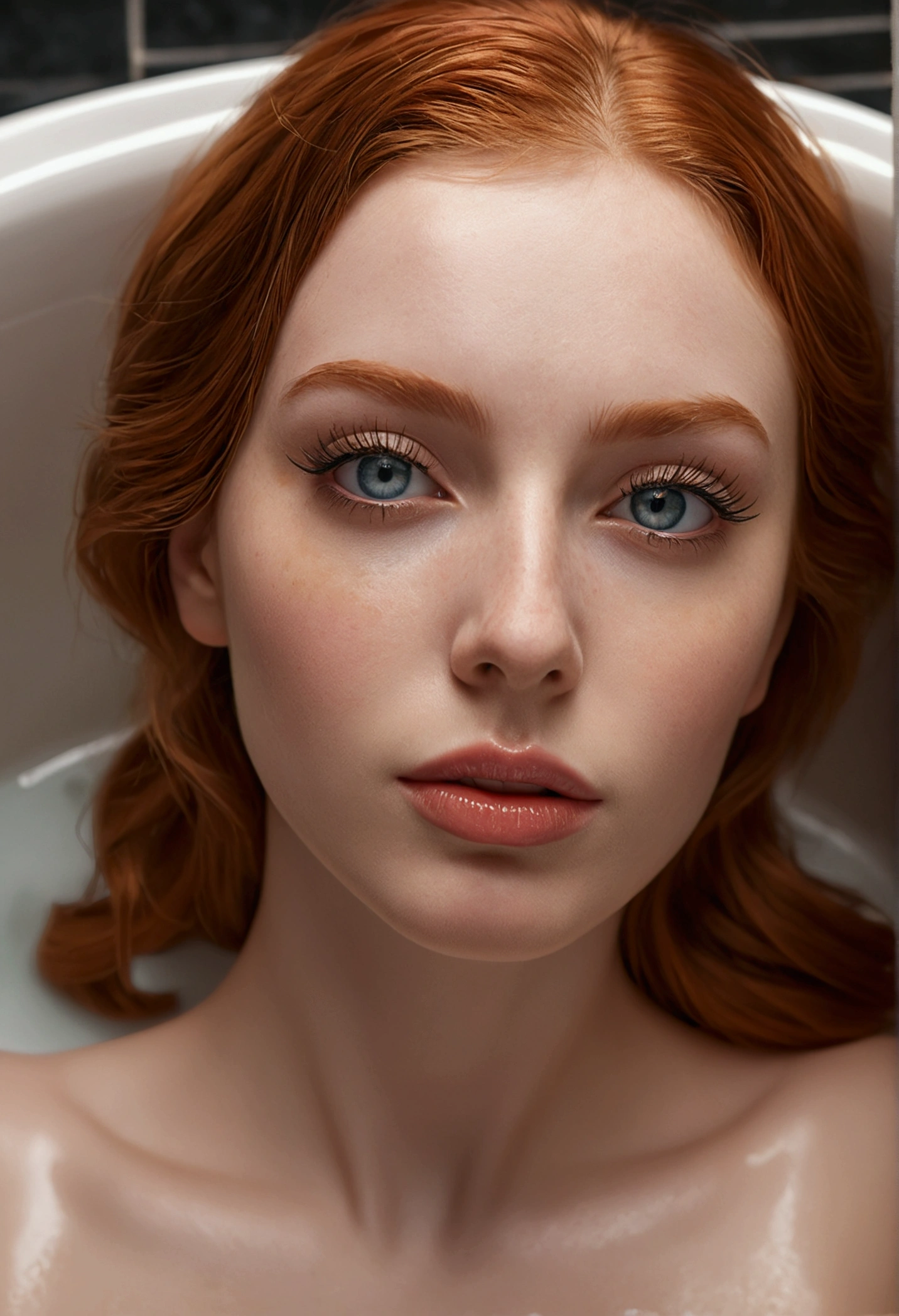 beautiful detailed eyes, beautiful detailed lips, extremely detailed eyes and face, long eyelashes, 1 woman, redhead, large breasts, relaxed, lying in a bathtub, taking a relaxing bath, professional photography, hyper realistic, 8k, best quality, high resolution, masterpiece, ultra-detailed, realistic, photorealistic, photo-realistic, HDR, UHD, studio lighting, ultra-fine painting, sharp focus, physically-based rendering, extreme detail description, professional, vivid colors, bokeh