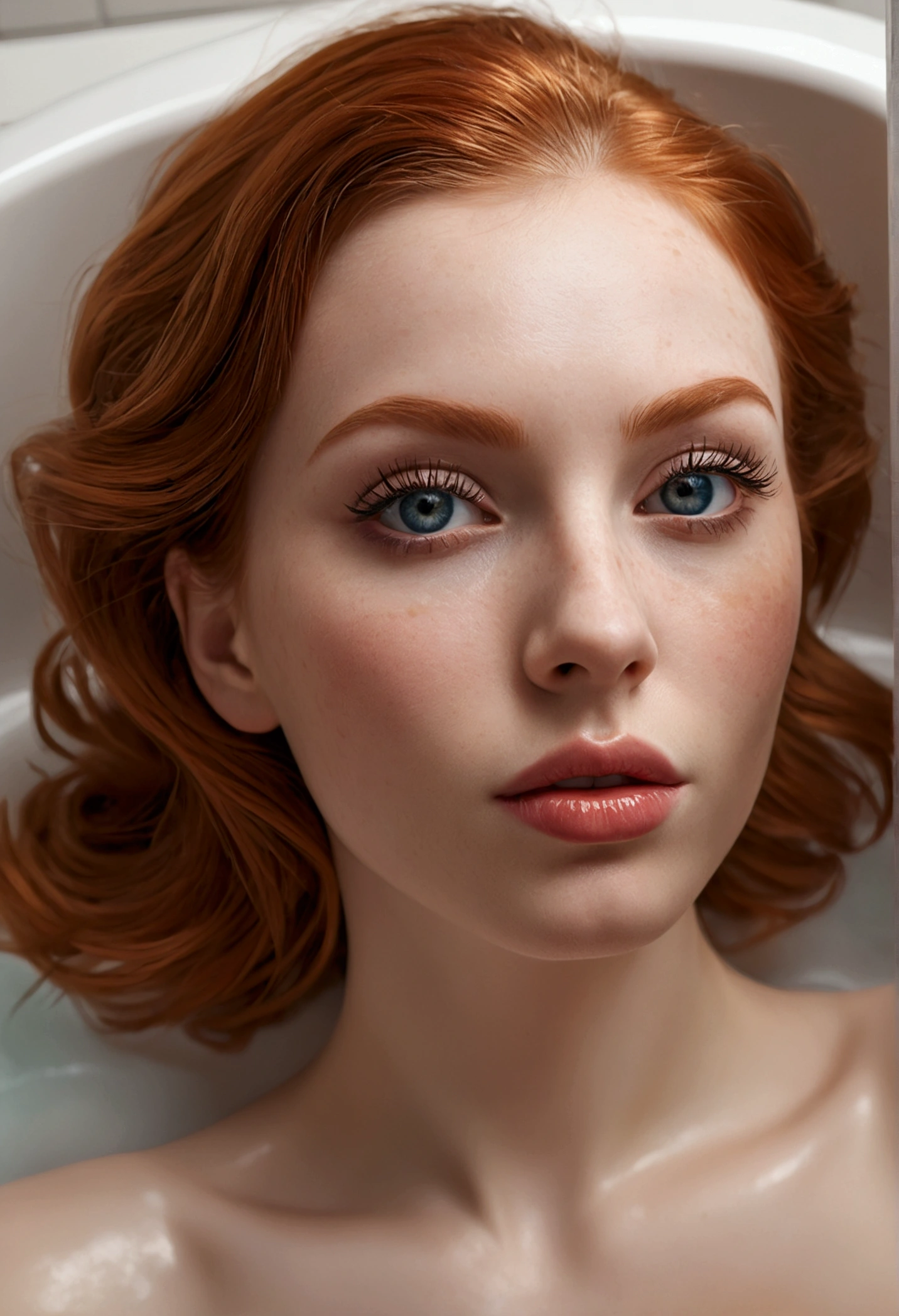 beautiful detailed eyes, beautiful detailed lips, extremely detailed eyes and face, long eyelashes, 1 woman, redhead, large breasts, relaxed, lying in a bathtub, taking a relaxing bath, professional photography, hyper realistic, 8k, best quality, high resolution, masterpiece, ultra-detailed, realistic, photorealistic, photo-realistic, HDR, UHD, studio lighting, ultra-fine painting, sharp focus, physically-based rendering, extreme detail description, professional, vivid colors, bokeh