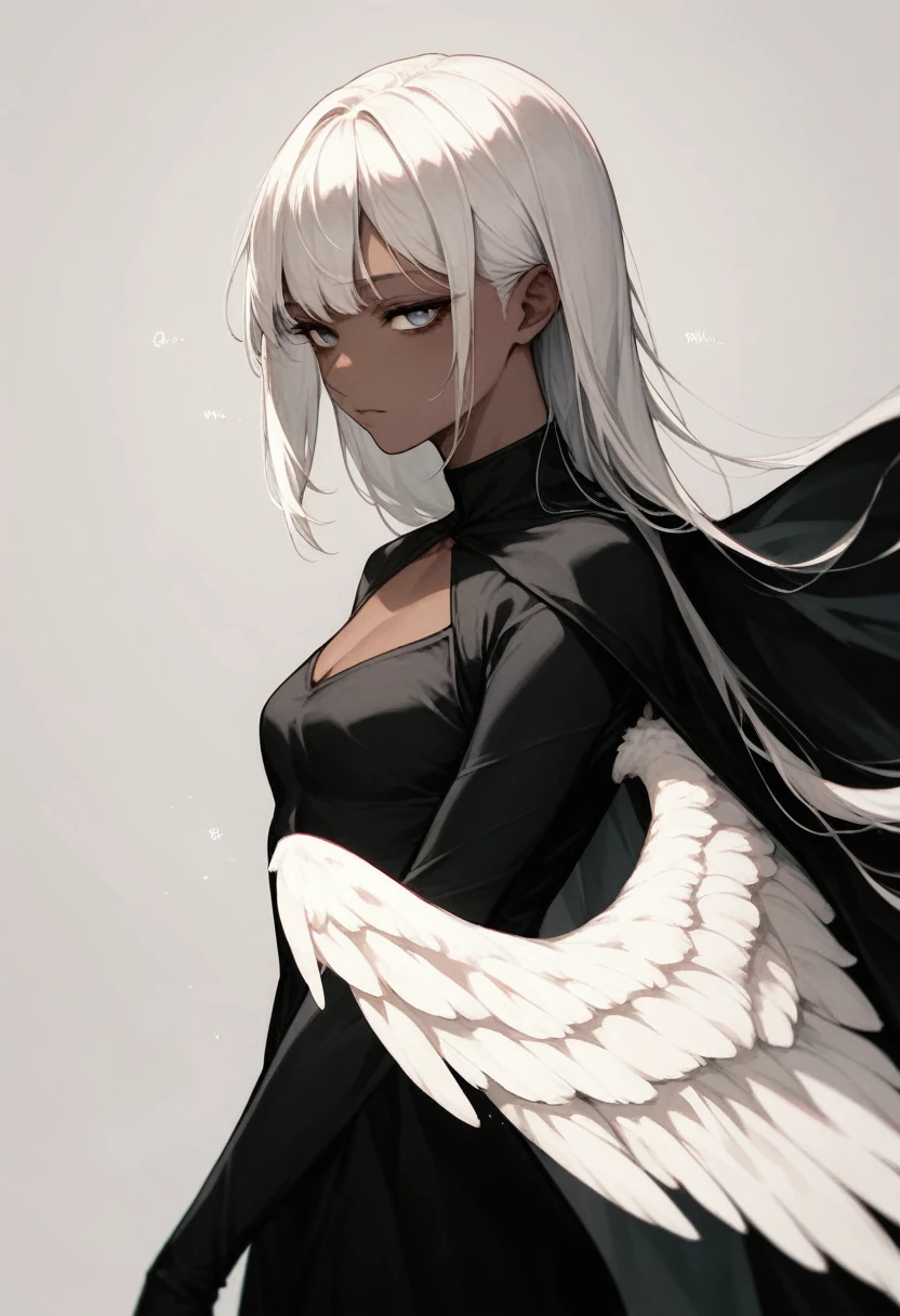 an angel with dark skin, white wings, black dress with a small neckline, black cape, long straight white hair bangs.  dramatic pose, moody color palette, volumetric light effects