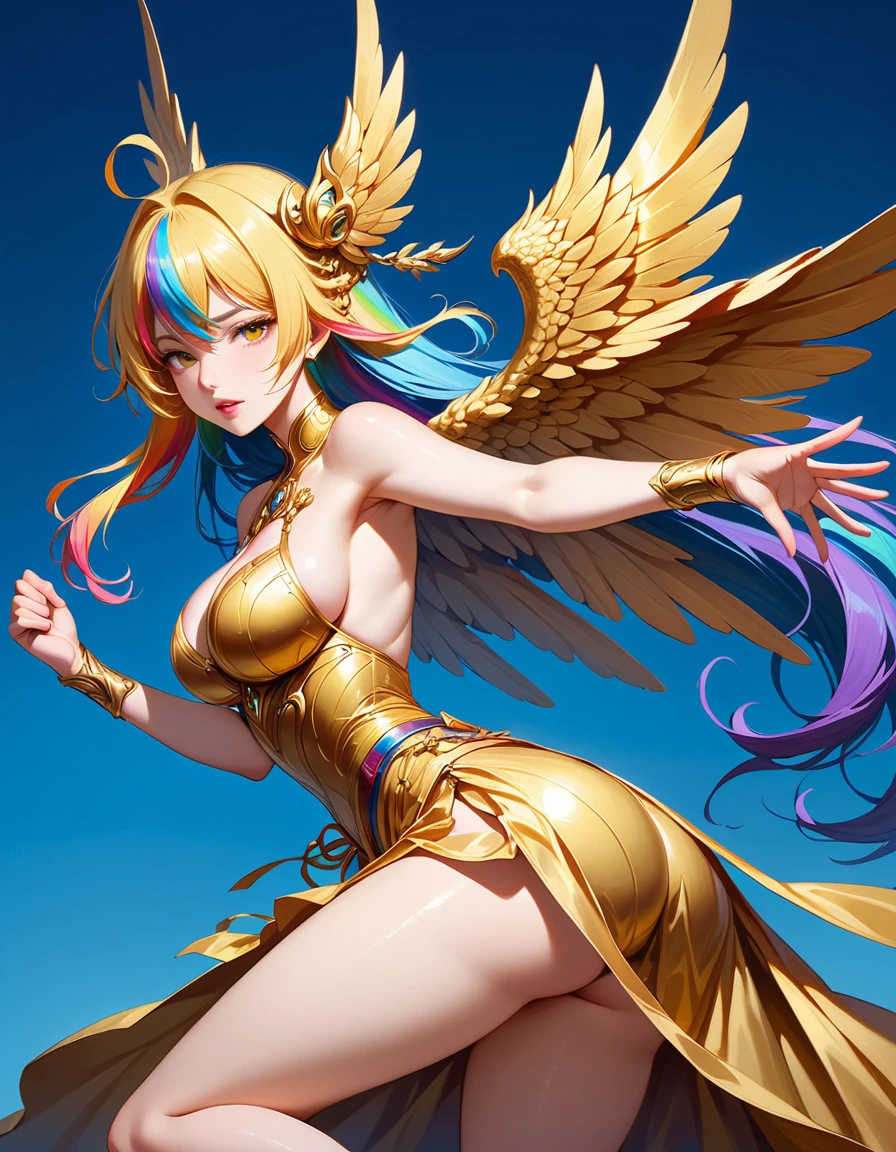 NSFW,((masterpiece,Highest quality,4K)),score_9, score_8_superior, score_7_superior,anime, anime,Rainbow Hair,Wearing a black and gold dress,animeの女の子、Blue background, krenz cushart and ArtJam, 美しく魅力的なanimeの女性, ArtJam style, Yoshika Amano Karol Baq, ArtJam detailed, style ivan talavera and ArtJam, Beautiful cartoon art, ArtJam. Attention to detail, ArtJam comic,Valkyrie,