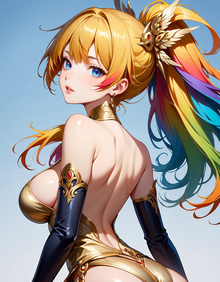 NSFW,((masterpiece,Highest quality,4K)),score_9, score_8_superior, score_7_superior,anime, anime,Rainbow Hair,Wearing a black and gold dress,animeの女の子、Blue background, krenz cushart and ArtJam, 美しく魅力的なanimeの女性, ArtJam style, Yoshika Amano Karol Baq, ArtJam detailed, style ivan talavera and ArtJam, Beautiful cartoon art, ArtJam. Attention to detail, ArtJam comic,Valkyrie,