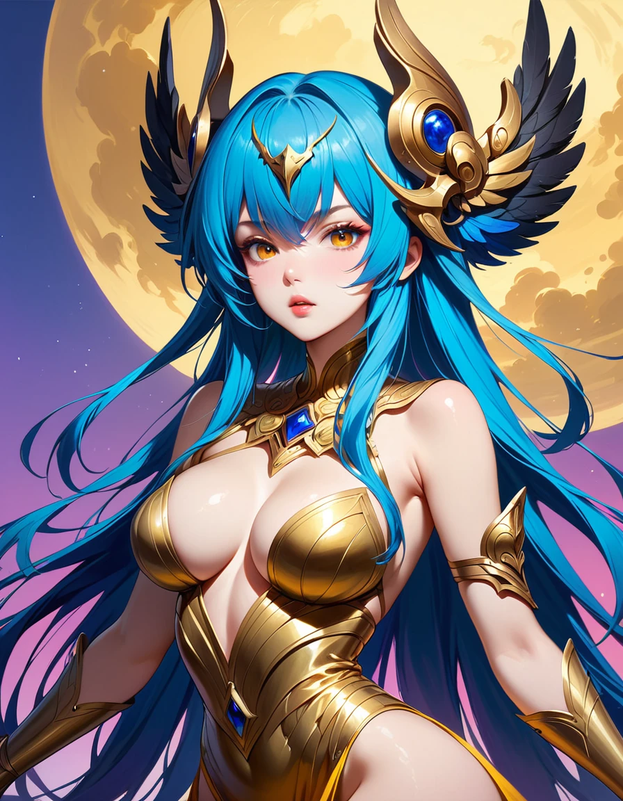 NSFW,((masterpiece,Highest quality,4K)),score_9, score_8_superior, score_7_superior,anime, anime,Rainbow Hair,Wearing a black and gold dress,animeの女の子、Blue background, krenz cushart and ArtJam, 美しく魅力的なanimeの女性, ArtJam style, Yoshika Amano Karol Baq, ArtJam detailed, style ivan talavera and ArtJam, Beautiful cartoon art, ArtJam. Attention to detail, ArtJam comic,Valkyrie,