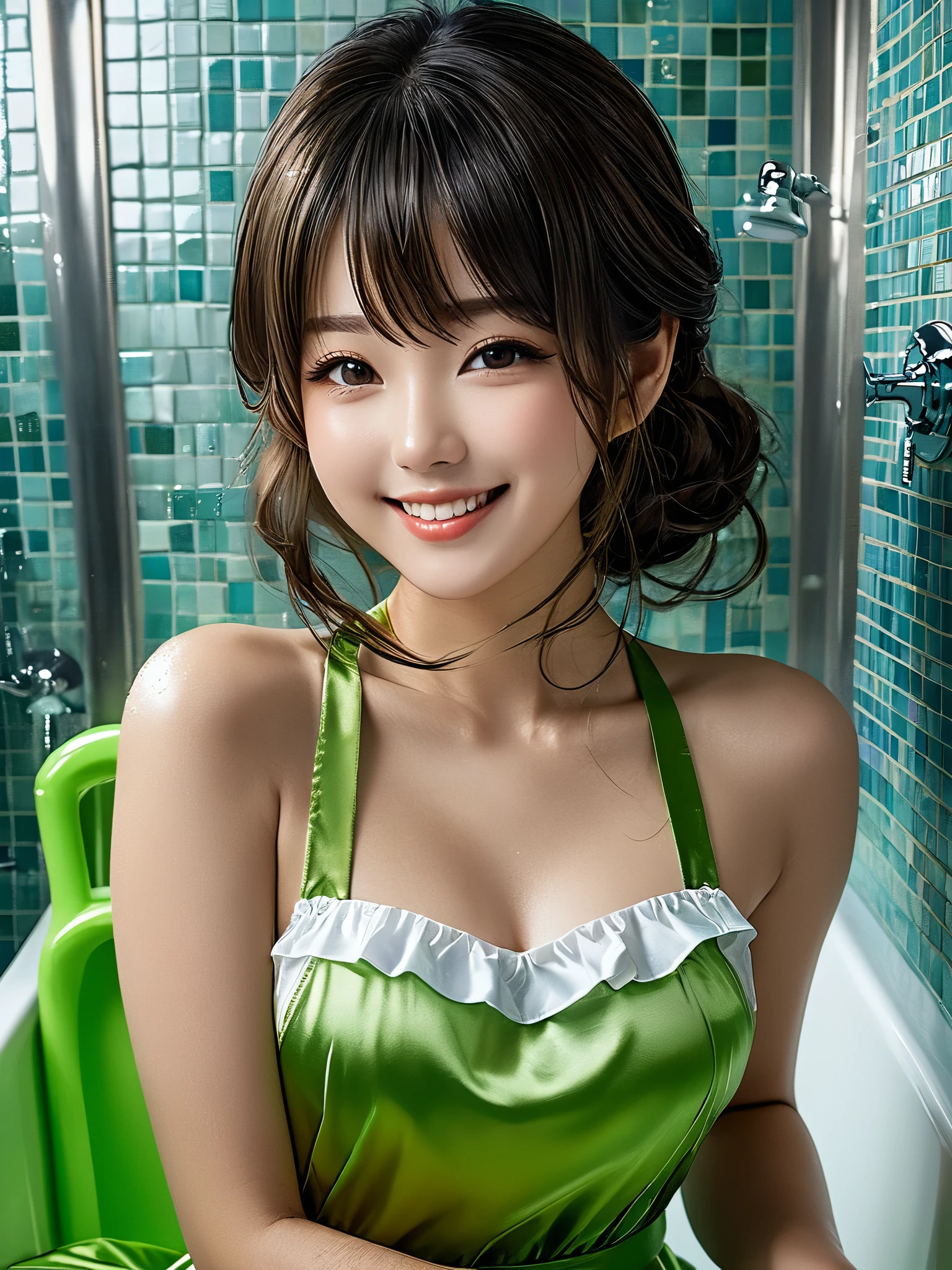 product quality, 1girl, full body shot, front view, a Japanese young pretty girl, shoulder length hair, wearing only a silky satin light yellowish green apron with white frills over her naked body with a big smile, sitting in a luxury shower room, glamorous figure, wet hair, wet body, busty, hyper cute face, glossy lips, double eyelids in both eyes, natural makeup, long eyelashes, shiny smooth light brown hair, asymmetrical bangs, fair skin, central image, high resolution, high detail, detailed hairstyle, detailed face, cinematic lighting, octane rendering, vibrant, hyper realistic, perfect limbs, perfect anatomy