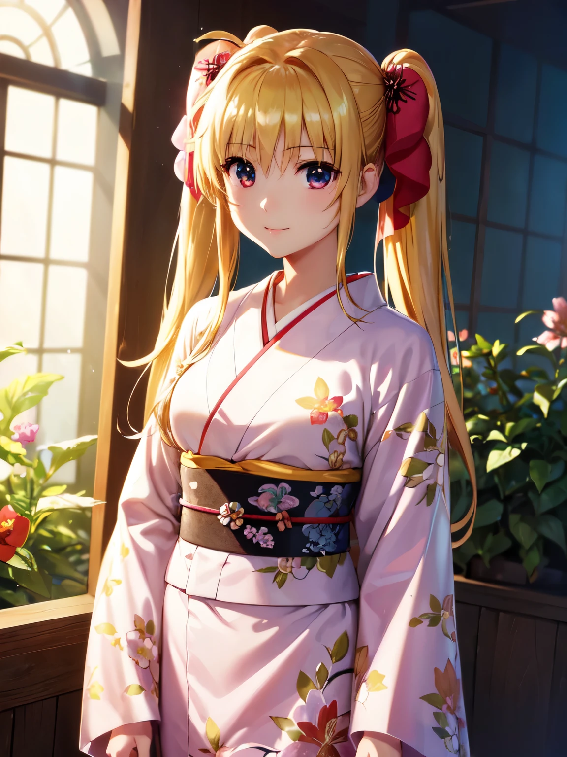 Highest quality、(Anime illustration style:1.5),High resolution、Standing、garden、Beautiful flowers々、whole body、One Girl、Make Testarossa、 Red Eyes、Golden Hair、Twin tails、Beautiful and attractive red eyes、Black ribbon、smile、Very detailedな顔、Closed Mouth、White kimono、Pink kimono、yukata、1 girl, cute, (Dynamic Lighting:1.5), Cinema Lighting, Delicate features,Beautiful eyes、Beautiful Eyes,, Sharp focus, (Very detailed, bloom, Shine:1.5)、(Genuine、Realistic、Realistic)、High resolution、超High resolution、Ultra-fine painting、Sharp focus、Physically Based Rendering、Cowboy Shot