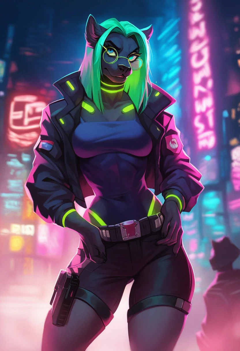 A cyberpunk anthropomorphic black panther policewoman, Wearing round green glasses, cyberpunk clothes,standing in a cyberpunk alley, shooting scene, detailed facial features, extremely detailed eye and face, long eyelashes, skin detailed, dynamic pose, dramatic lighting, neon lights, reflective surfaces, urban architecture, courageous atmosphere, swirly vibrant colors, photorrealistic, 4K, 8k, high resolution, work of art