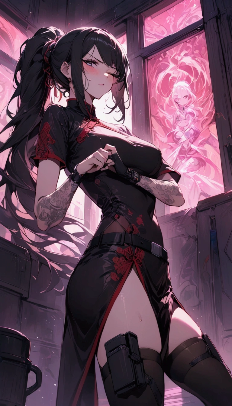 Dynamic composition,dutch angle,from side,{{masterpiece}}, {{{Highest quality}}},{{Very detailed}},{{Fight}},{{fighting stance:1.6}},{{critical situation:1.6}},{{hold down one's stomach with one's hands:1.6}},1girl,30years old,{Mature Woman}},cyberpunk,{{RED Chinese clothing:1.2}},Red short sleeves Chinese dress,pelvic curtain,black stockings,belt,black fingerless gloves,Lace arm covers,holster,{{Grit your teeth:1.4}},one eye closed, ,{{v-shaped eyebrows}},Bad mood,blush,Sweat,raise one's eyebrows ,{{View your viewers}}、Very long long hair in a ponytail.abdominal pain ,{{pain}},Inside the dojo,indoor