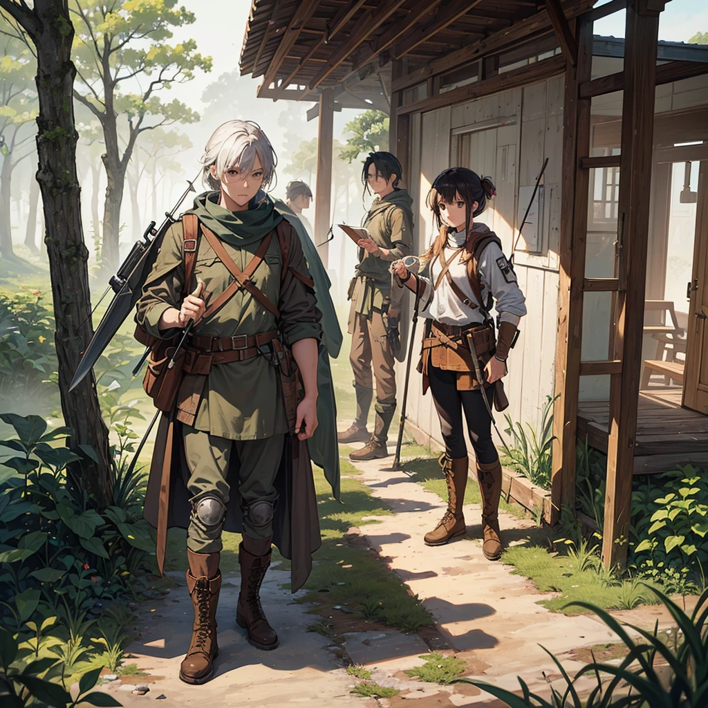 Design a character sheet that shows a young apocalypse survivor in all her gear.. on your belt, carries a rusty knife, a coiled rope and various improvised tools, like a modified screwdriver. In his worn backpack, there is a broken lantern, an ancient world map, and a diary with handwritten notes. His combat boots are full of dried mud and look heavy, indicating long days of hiking over difficult terrain. at your side, a handmade bow and arrow rest, showing their ability to survive hunting in the wild. The design sheet shows each piece of your equipment in detail, highlighting the ingenuity needed to survive in a post-apocalyptic world.
