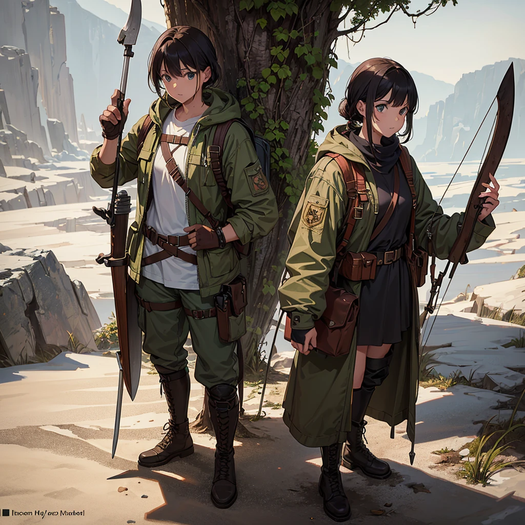 Design a character sheet that shows a young apocalypse survivor in all her gear.. on your belt, carries a rusty knife, a coiled rope and various improvised tools, like a modified screwdriver. In his worn backpack, there is a broken lantern, an ancient world map, and a diary with handwritten notes. His combat boots are full of dried mud and look heavy, indicating long days of hiking over difficult terrain. at your side, a handmade bow and arrow rest, showing their ability to survive hunting in the wild. The design sheet shows each piece of your equipment in detail, highlighting the ingenuity needed to survive in a post-apocalyptic world.