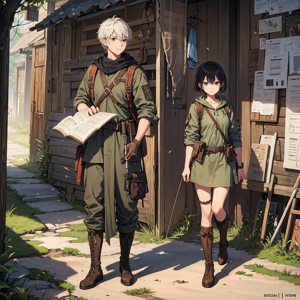 Design a character sheet that shows a young apocalypse survivor in all her gear.. on your belt, carries a rusty knife, a coiled rope and various improvised tools, like a modified screwdriver. In his worn backpack, there is a broken lantern, an ancient world map, and a diary with handwritten notes. His combat boots are full of dried mud and look heavy, indicating long days of hiking over difficult terrain. at your side, a handmade bow and arrow rest, showing their ability to survive hunting in the wild. The design sheet shows each piece of your equipment in detail, highlighting the ingenuity needed to survive in a post-apocalyptic world.
