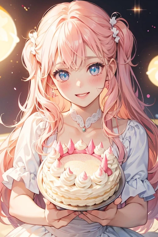 A girl vanilla cake cat with a layer of pale pink dollops of cream in the middle and on top, and a band of hot pink scalloped frosting beneath them. She has an excited expression and pale peach blushed cheeks. SPARKLE; GLITTER