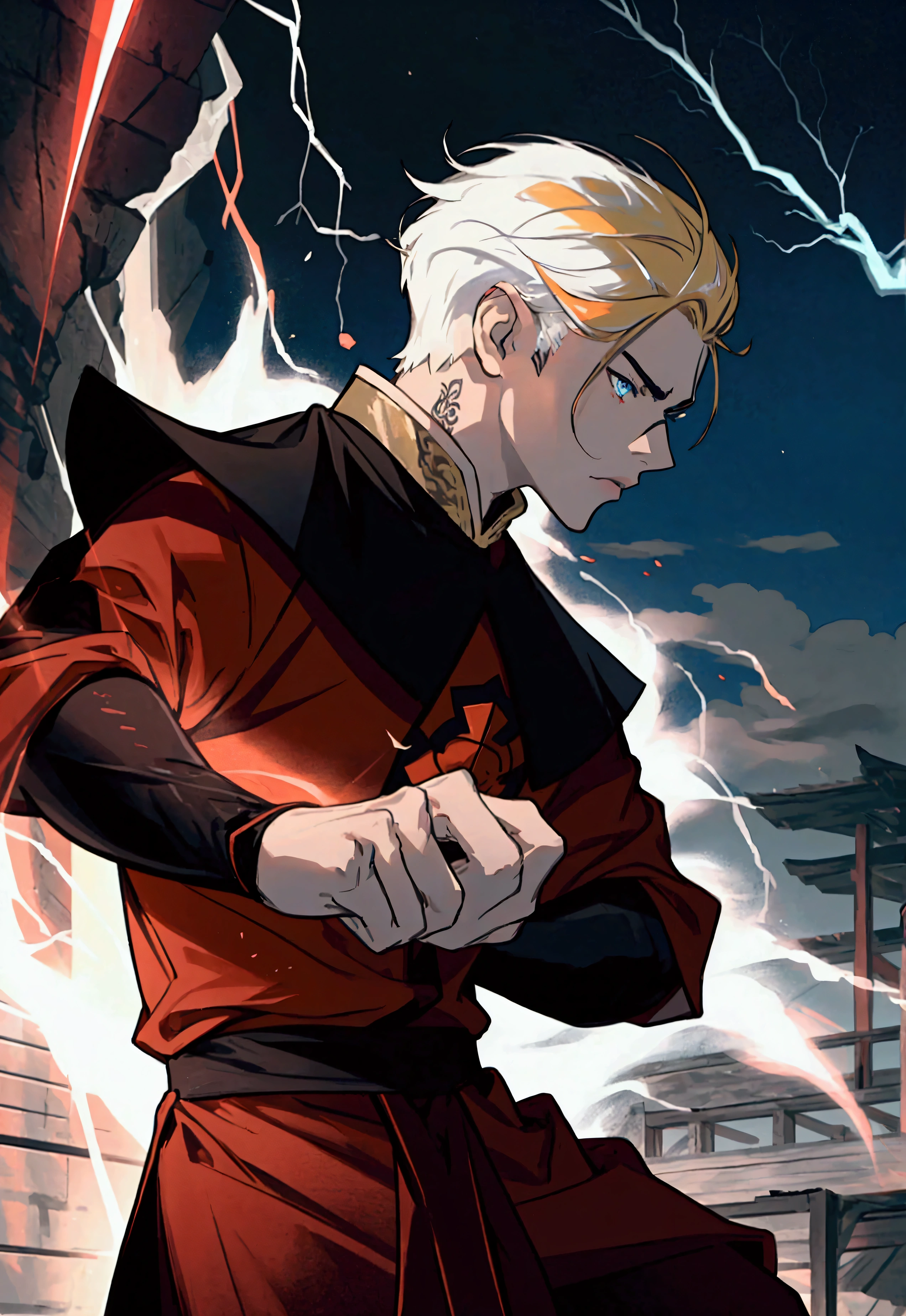 1 young man, alone, looking at his enemy, soft lighting, crimson electrical currents on body, 15 year old man, blue eyes, tattoo below the eyes, golden hair, short hair with samurai cut, boyish, black clothes, scene of rage and sadness, best angle, thoughtful, {beautiful detailed eyes}, {detailed light}, {illustration}, {better lighting}, conceptual art, best fight scene, monk t-shirt, black and white, rays of color crimson, lightning all over the body, red lightning in hands, better quality in the fingers, better quality in the eyes, better emphasis on masculine features, best pose, crimson ray, hands apart