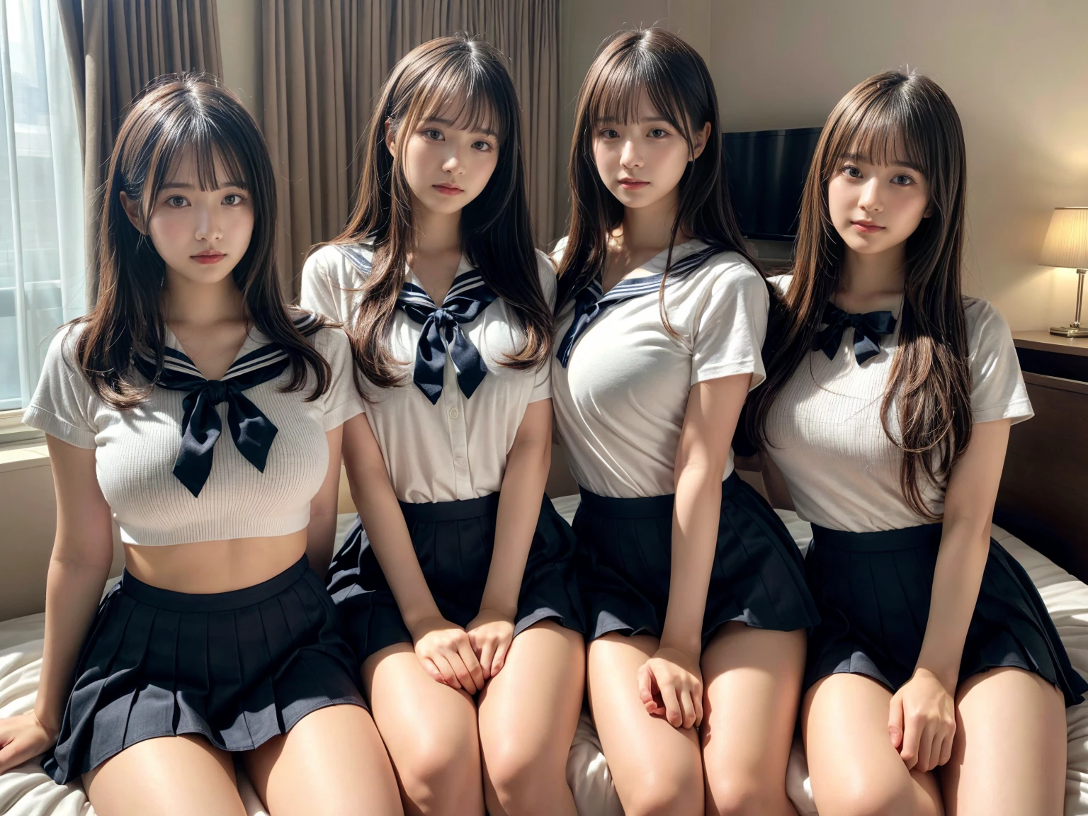 masterpiece, best quality, illustration, Super detailed, fine details, High resolution, 8K,wall paper, perfect dynamic composition,(Details High quality, realistic depiction of eyes:1.3), (3 girls), Black Sailor Uniform, serafuku, Navy pleated skirt, sitting, open legs, short bob hair, in a hotel room in the background, deep on field, large breasts, black hair color, Big Natural Color Lip, (perfect body shape), crying a little、Harajuku style、20 year old girl、cute type、beautiful legs, Gravure Idol
