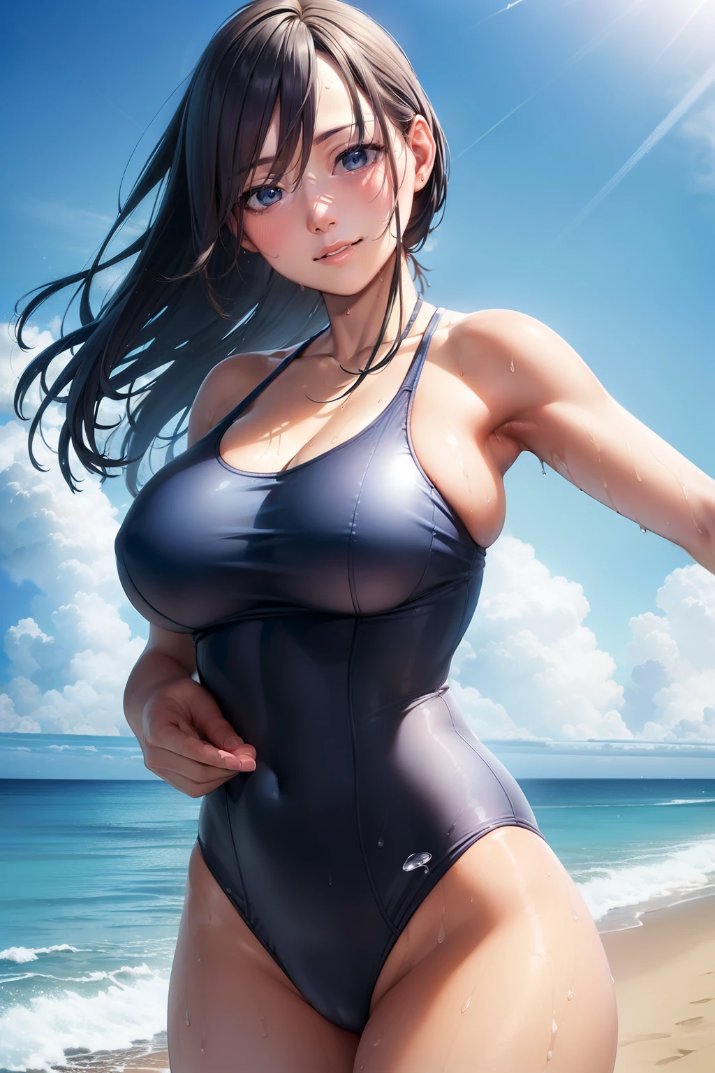 (photorealistic:1.4), (hyper realistic photo:1.4), 8k, award winning photography, ultra detailed face, perfect anatomy, ultra quality, RAW photo, hyper detailed skin, High detail RAW color photo professional photo, ultra detailed face,, (wide angle), photo of 1 Japanese idol at beachside, navy swim_suit, sweat, smile , Stimulating swimsuits:1.2