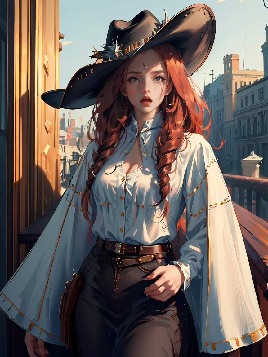 Long dark red hair, brown eyes, gloss lips, front look, close up, portrait, beautiful eyes, wearing a male white suit, big white, curly hair cut, clear skin, young 30 years girl, adult girl, solo, very long hair, ankle length hair, handsome older WOMAN,Hyperresolution,accuracy,Detailed rendering,(Image of fine hair)(topquality)(Masterpieces of masters)(High degree of completeness)(A sense of atmosphere)tmasterpiece,Super detailed and super detailed(((half-body portrait)))(((Older woman))) (((Western girl))), (((Cowgirl))) (((Cowboy hat))) (((Gunslinger)))(((Better hands)))(((Black outfit)))