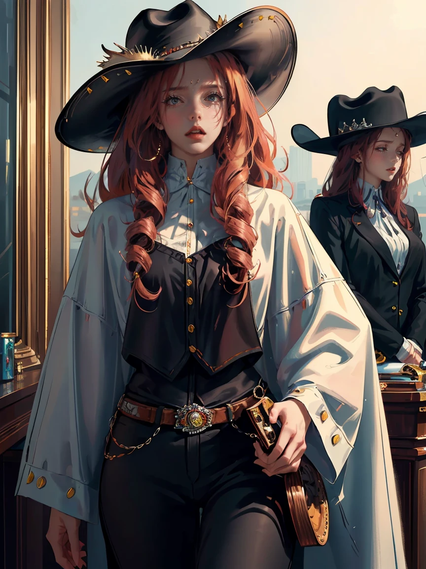 Long dark red hair, brown eyes, gloss lips, front look, close up, portrait, beautiful eyes, wearing a male white suit, big white, curly hair cut, clear skin, young 30 years girl, adult girl, solo, very long hair, ankle length hair, handsome older WOMAN,Hyperresolution,accuracy,Detailed rendering,(Image of fine hair)(topquality)(Masterpieces of masters)(High degree of completeness)(A sense of atmosphere)tmasterpiece,Super detailed and super detailed(((half-body portrait)))(((Older woman))) (((Western girl))), (((Cowgirl))) (((Cowboy hat))) (((Gunslinger)))(((Better hands)))(((Black outfit)))