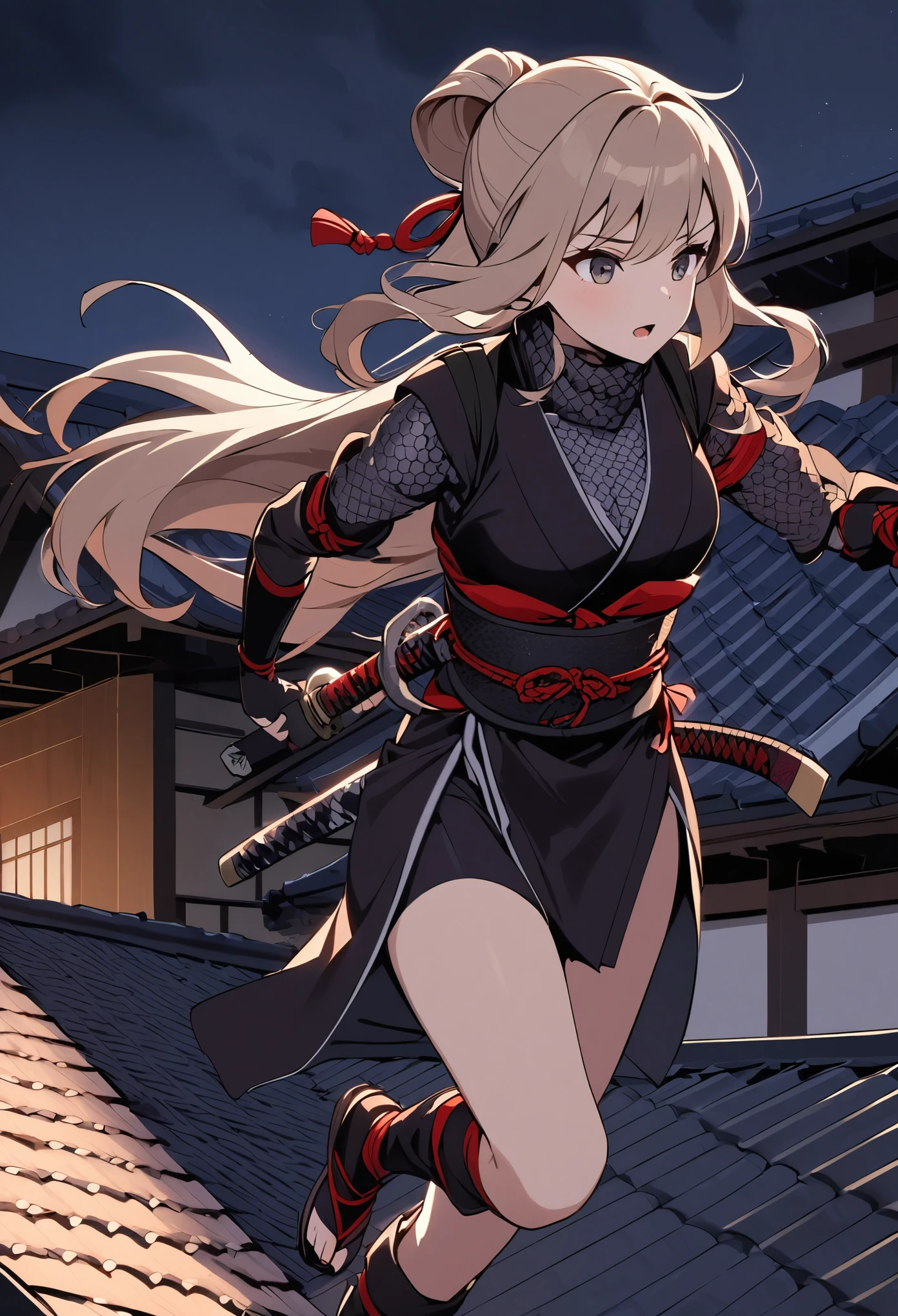 Light brown hair, long hair tied up, brandishing a long Japanese sword, female ninja, one girl, ninja costume, chain mail visible from chest, red-trimmed costume, ninja, running along the roof of a Japanese house in the middle of the night, Wear chain mail and then ninja attire over it