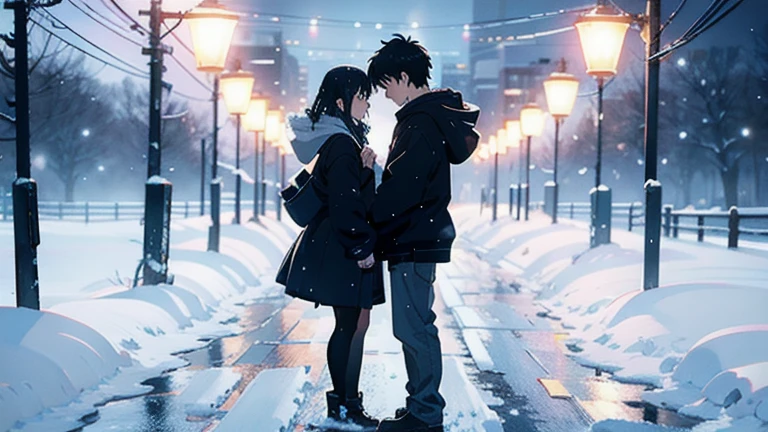 1Girl in the arms of 1 boy, in a heavy snow storm, snow rain surrounding them, in a hurry, dark scene an image of Makoto Shinkai, trend on pixiv, conceptual art, guweiz style artwork, Guweiz and Makoto Shinkai, Sakimichan and Makoto Shinkai, ( ( Makoto Shinkai ) ), in the snow, beautiful anime scene