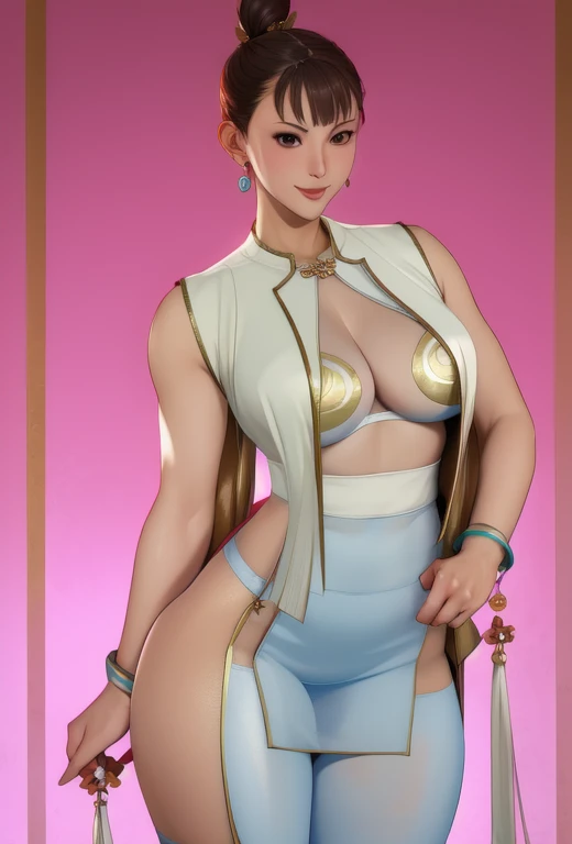 Chunli,  Brown Hair, Brown eyes, Double good,  Good cover,   Stud earrings, 
Chinese clothing, spike bracelet,  Blue long pelvic curtain,  sash,  pantyhose,  Muscular thighs, Thick thighs,   Posterior pelvic curtain, 
Are standing,   smile,  Cowboy Shot, 
street,  morning,  
(Very detailed, Beautifully detailed face, Beautiful fine details, masterpiece, highest quality),alone, whole body,White knee-length lace-up boots