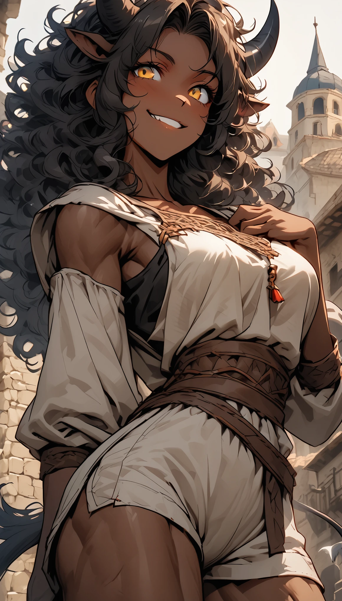 solo, female, close up, warm deep brown skin, muscular, golden eyes, wild hair, black hair, shoulder-length hair, curly hair, broad shoulders, curved black horns, very tall, large breasts, simple tight medieval clothes, shorts, medieval, town, cow tail:1.4, minotaur girl, tomboy, cocky smile, young, pinup pose, greek architecture, furry shins, hooves