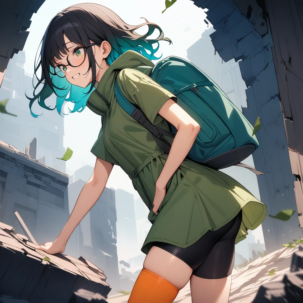 (masterpiece),(best quality),very aesthetic,(ultra-detailed),Collapsed civilization,(on the roof of a broken building),nsfw,1girl,25yo,slender,tall,medium hair,black hair,natural wave hair,flipped hair,dark green eyes,comfortable,grin,(glasses,straw hat with leaf color ribbon:1.2),carrying a aqua blue rucksack, (thigh-high parka dress with gradient earth color,black bike shorts),short sleeves,Sneaker Shoes,short orange socks,broken wristwatch,a big crater in the wilderness,standing,leaning forward,wind,summer,from side,cowboy shot,looking away