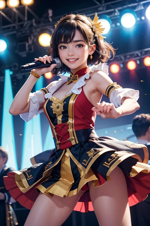 (Highest quality、 8k 、masterpiece、High resolution)、Full Body Shot、15 year old girl、Idol、cute、Dancing with a smile、Outdoor Stage、AKB48 Costumes、Realistic、Realistic、Official Art、Detailed CG、Professional Lighting、Professional photographer、