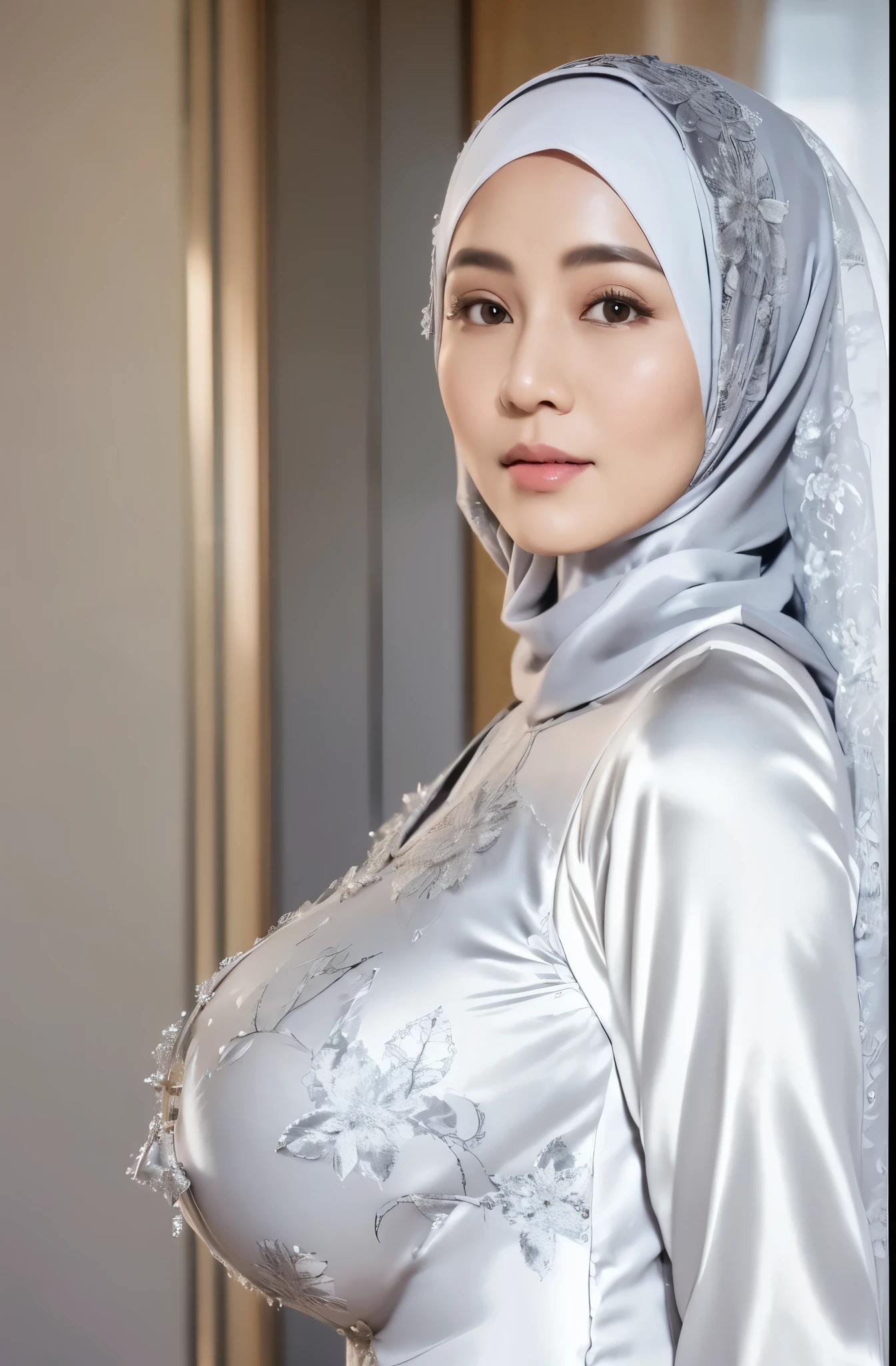 50 years Old, Hijab Indonesian mature woman, Big Tits : 66.9, Gamis, Breast out from her clothes : 1.9, at doctor office, Dark light, at Nighttime