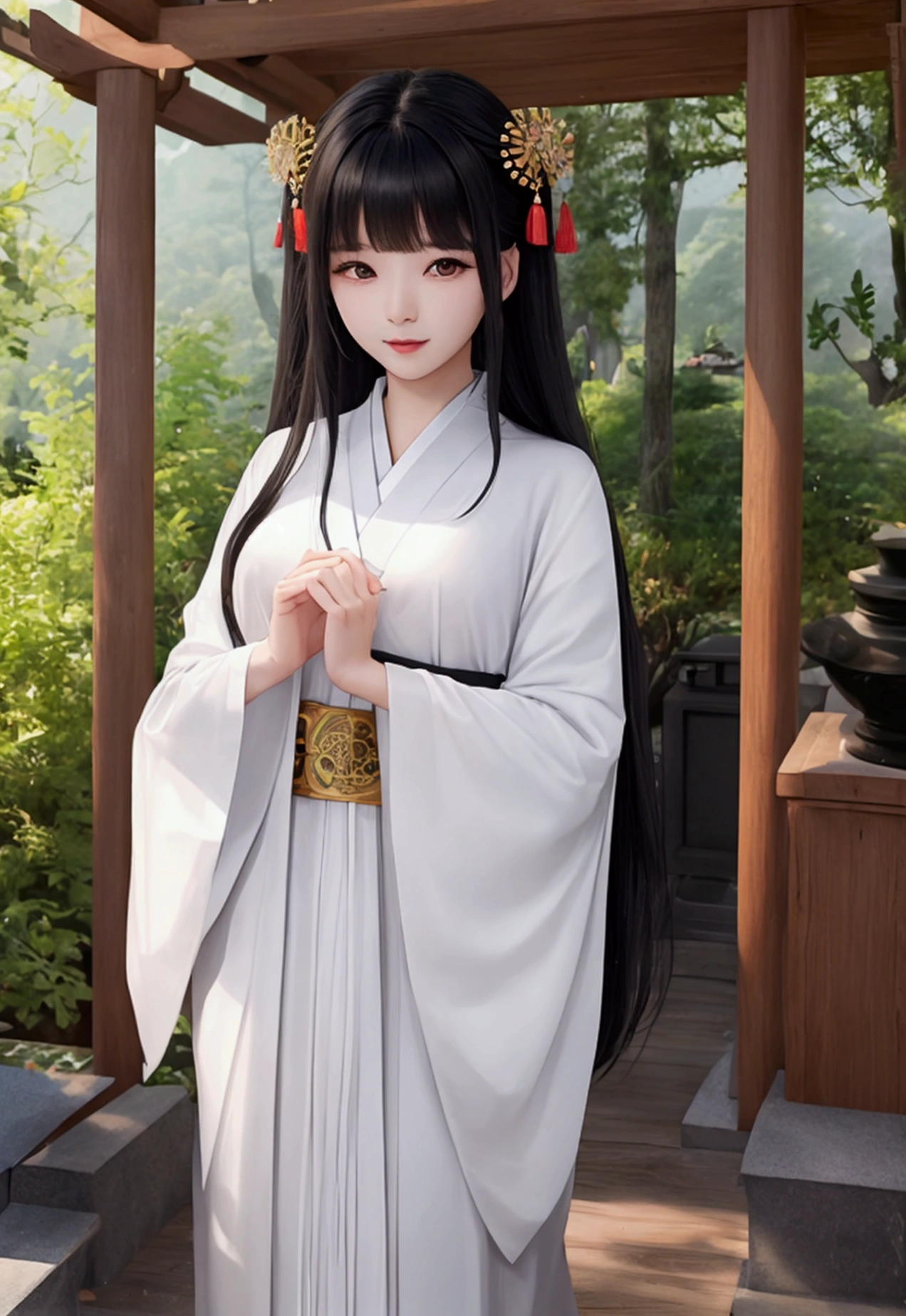A black-haired woman holding a talisman like a Japanese shrine maiden。
The decoration is gorgeous。Less exposed skin、Well dressed。
Her bust size is modest and the background is mysterious nature.。
Create a vivid prompt in English