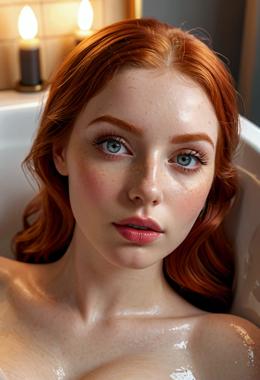beautiful detailed eyes, beautiful detailed lips, extremely detailed eyes and face, long eyelashes, 1 woman, redhead, large breasts, relaxed, lying in a bathtub, taking a relaxing bath, professional photography, hyper realistic, 8k, best quality, high resolution, masterpiece, ultra-detailed, realistic, photorealistic, photo-realistic, HDR, UHD, studio lighting, ultra-fine painting, sharp focus, physically-based rendering, extreme detail description, professional, vivid colors, bokeh