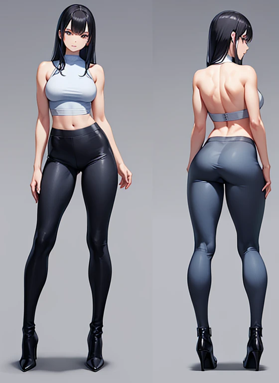 standing with your back to the camera, very tight gray leggings, stuck in the ass, defined body, muscular legs, high heel ankle boots,blue top, black hair long