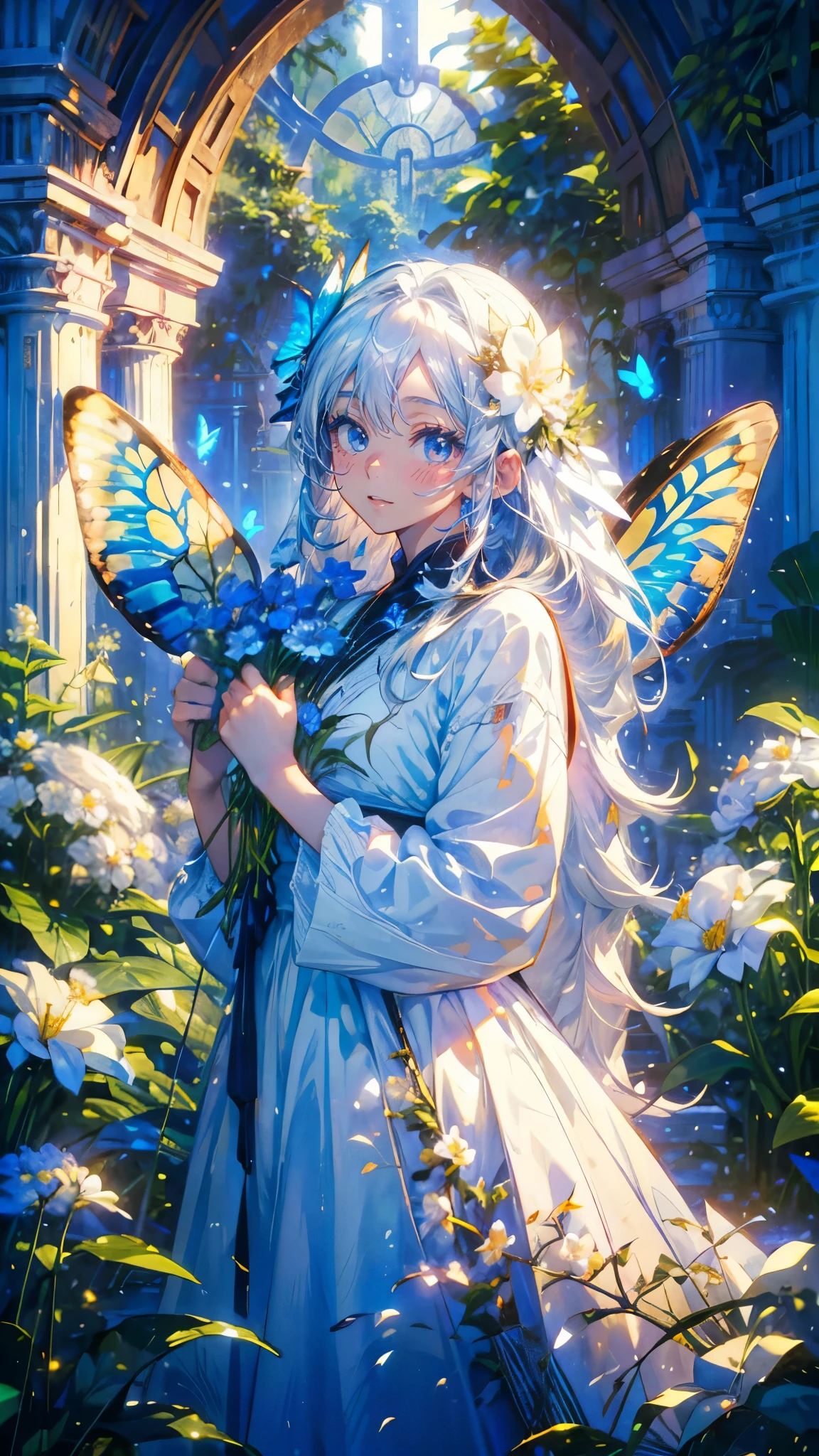 (Mastepiece), (Best Quality), Very detailed, 1 girl, (Solo Shooting:1.4), Perfect Face, beautiful girl, Very detailedな顔,(Long white hair:1.5),(Blue eyes:1.4),(White Dress:1.4)、(Lots of butterflies々:1.4)、bird、(ruins、Plants、flower:1.4)、Fairy、mysterious、Fantasy、beautiful、beautiful、(Close your eyes and laugh:1.3)、(Happy Face:1.4)、A big smile