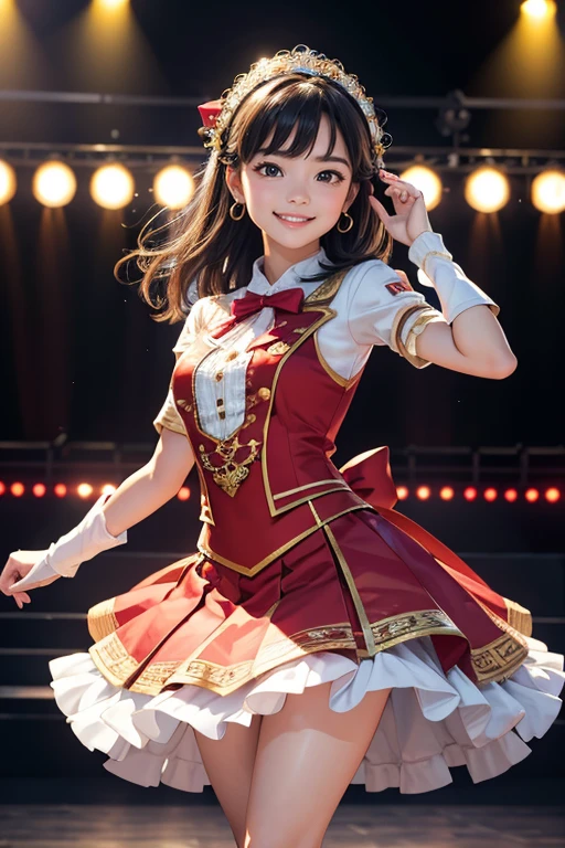 (Highest quality、 8k 、masterpiece、High resolution)、Full Body Shot、15 year old girl、Idol、cute、Dancing with a smile、Outdoor Stage、AKB48 Costumes、Realistic、Realistic、Official Art、Detailed CG、Professional Lighting、Professional photographer、