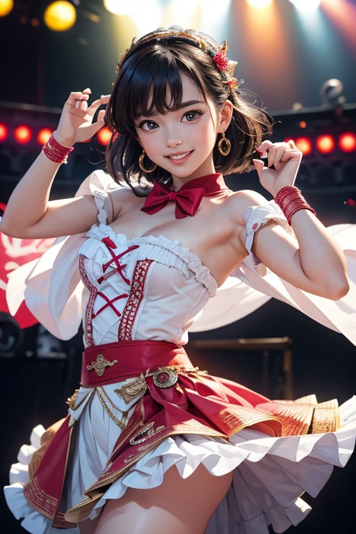 (Highest quality、 8k 、masterpiece、High resolution)、Full Body Shot、15 year old girl、Idol、cute、Dancing with a smile、Outdoor Stage、AKB48 Costumes、Realistic、Realistic、Official Art、Detailed CG、Professional Lighting、Professional photographer、