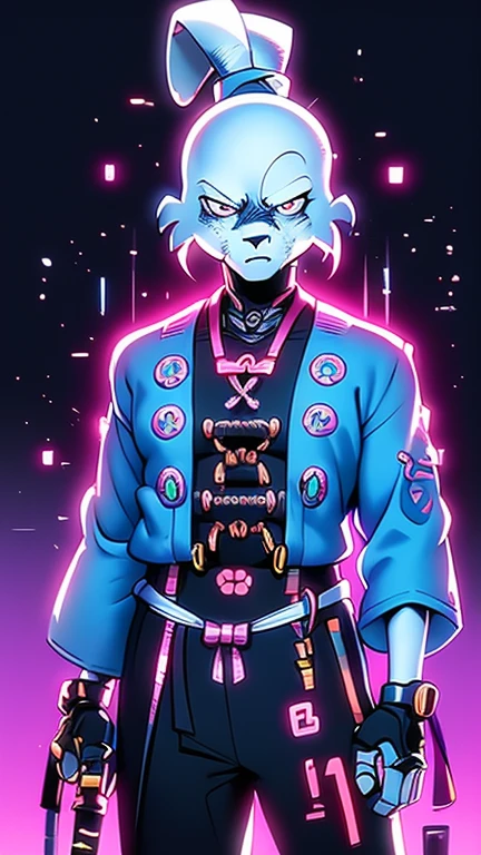 (usagi yojimbo), (extremely detailed CG unit 8k wallpaper),(master part), (best quality), (ultra detail), (best illustration),(Cyberpunk anime), cowboy shot, (Sharp eyeliner, ombre, detail eyes:1), neon light indoors background ,break , (Samurai
Cybernetic), upper body,