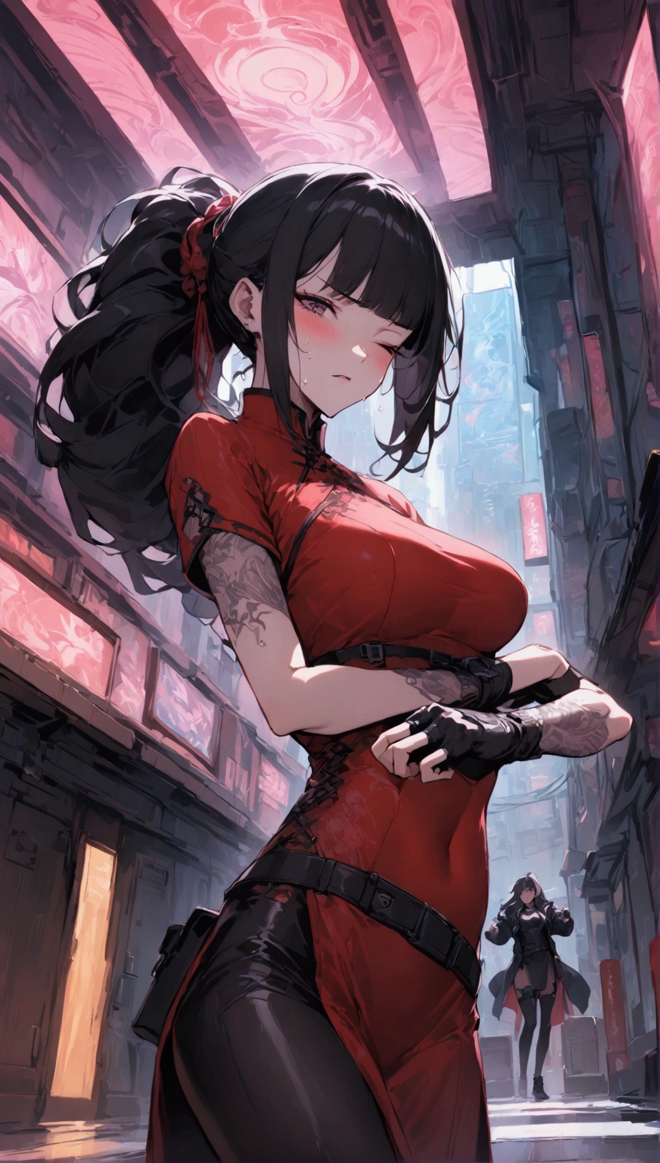 Dynamic composition,dutch angle,from side,{{masterpiece}}, {{{Highest quality}}},{{Very detailed}},{{Fight}},{{fighting stance:1.6}},{{critical situation:1.6}},{{hold down one's stomach with one's hands:1.6}},1girl,30years old,{Mature Woman}},cyberpunk,{{RED　Chinese clothing:1.2}},Red　short sleeves Chinese dress,pelvic curtain,black stockings,belt,black fingerless gloves,Lace arm covers,holster,{{Grit your teeth:1.4}},one eye closed,　,{{v-shaped eyebrows}},Bad mood,blush,Sweat,raise one's eyebrows　,{{View your viewers}}、 long hair ,Blunt bangs　,in a ponytail．abdominal pain ,{{pain}},Inside the dojo,indoor
