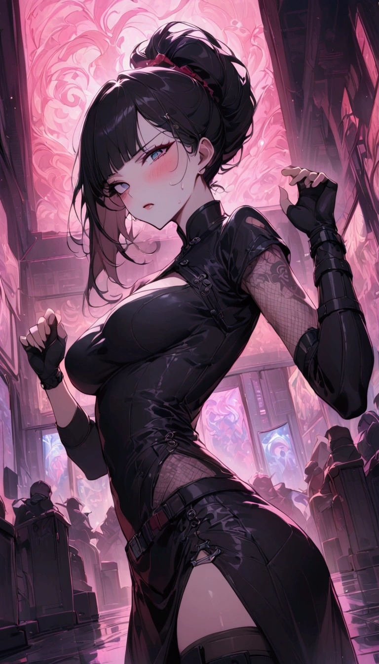 Dynamic composition,{{masterpiece}}, {{{Highest quality}}},{{Very detailed}},{{Fight}},{{critical situation}},{{hold one's arms:1.6}},bent over,1girl,30years old,{Mature Woman}},cyberpunk,{{Chinese clothing}},Short-sleeved Chinese dress,black stockings,belt,black fingerless gloves,{{Grit your teeth:1.4}},one eye closed,　,{{v-shaped eyebrows}},Bad mood,blush、anger,Sweat,raise one's eyebrows　,{{View your viewers}}、 long ponytail,Blunt bangs．abdominal pain ,{{pain}},Inside the dojo