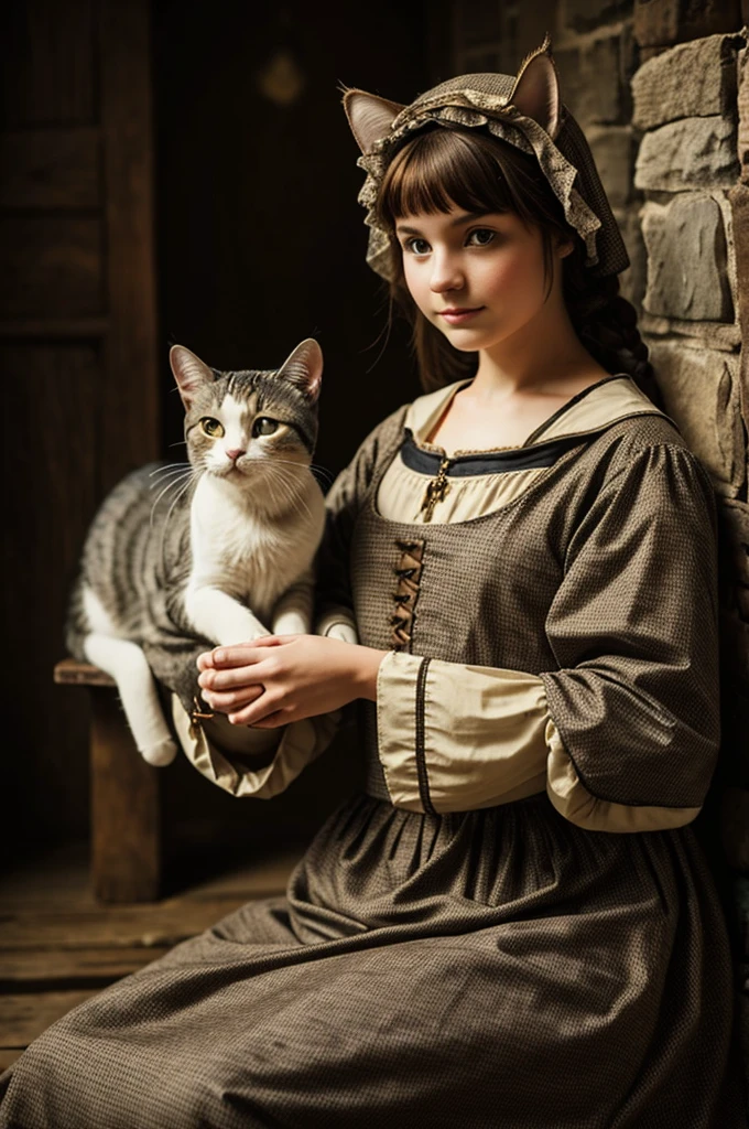 4K very realistic、Out-of-this-world purple eyes、Beautiful as a photo、Full body like、1 girl、medieval clothing、Holding a noble cat、