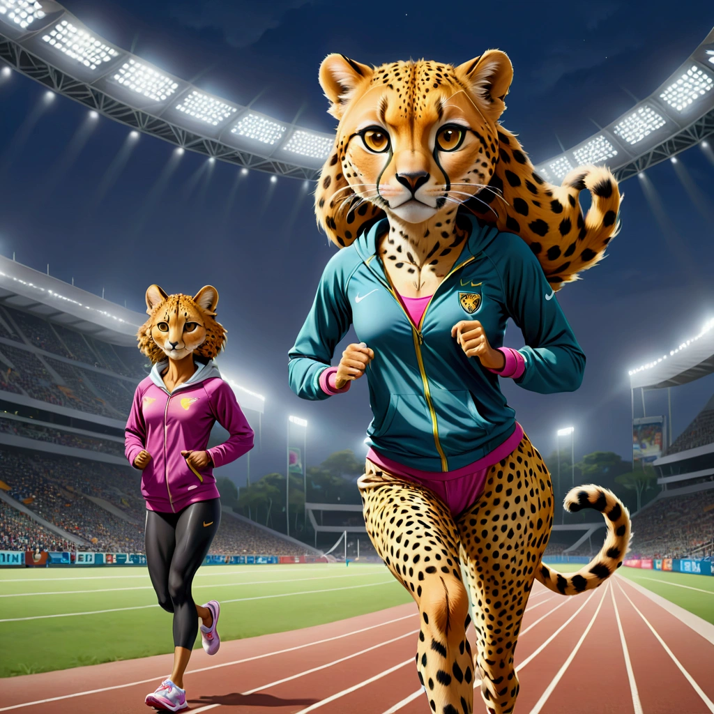 (There is hope, though), ((Artwork)) , ((Highest quality)), figure, Gal, pajamas, Cheetah, Felidae, Felidae, Khajiit, Mammals, Panther, tigray, Humanity, woman, woman/woman, Athletics Stadium、Sportswear、running、 spot, spotのある体, spotted coat, Squish, trunk