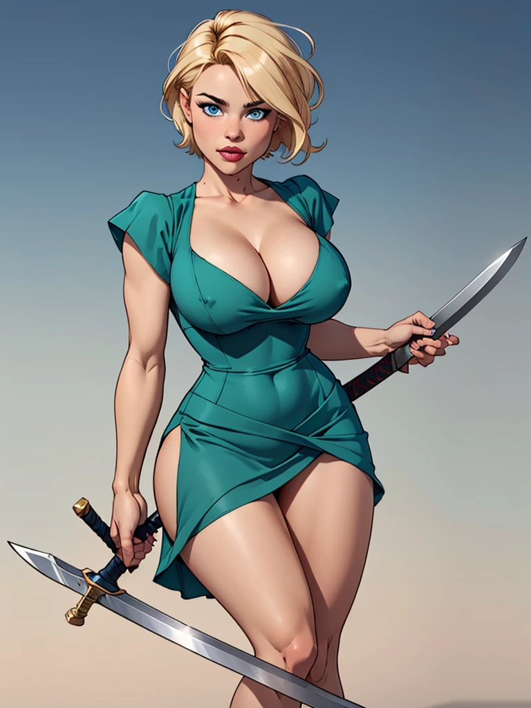 Blonde girl with short hair, blue eyes, holding a sword with a huge blade, wearing a very short and tight green dress, showing her body and showing her thighs, cleavage showing her breasts
