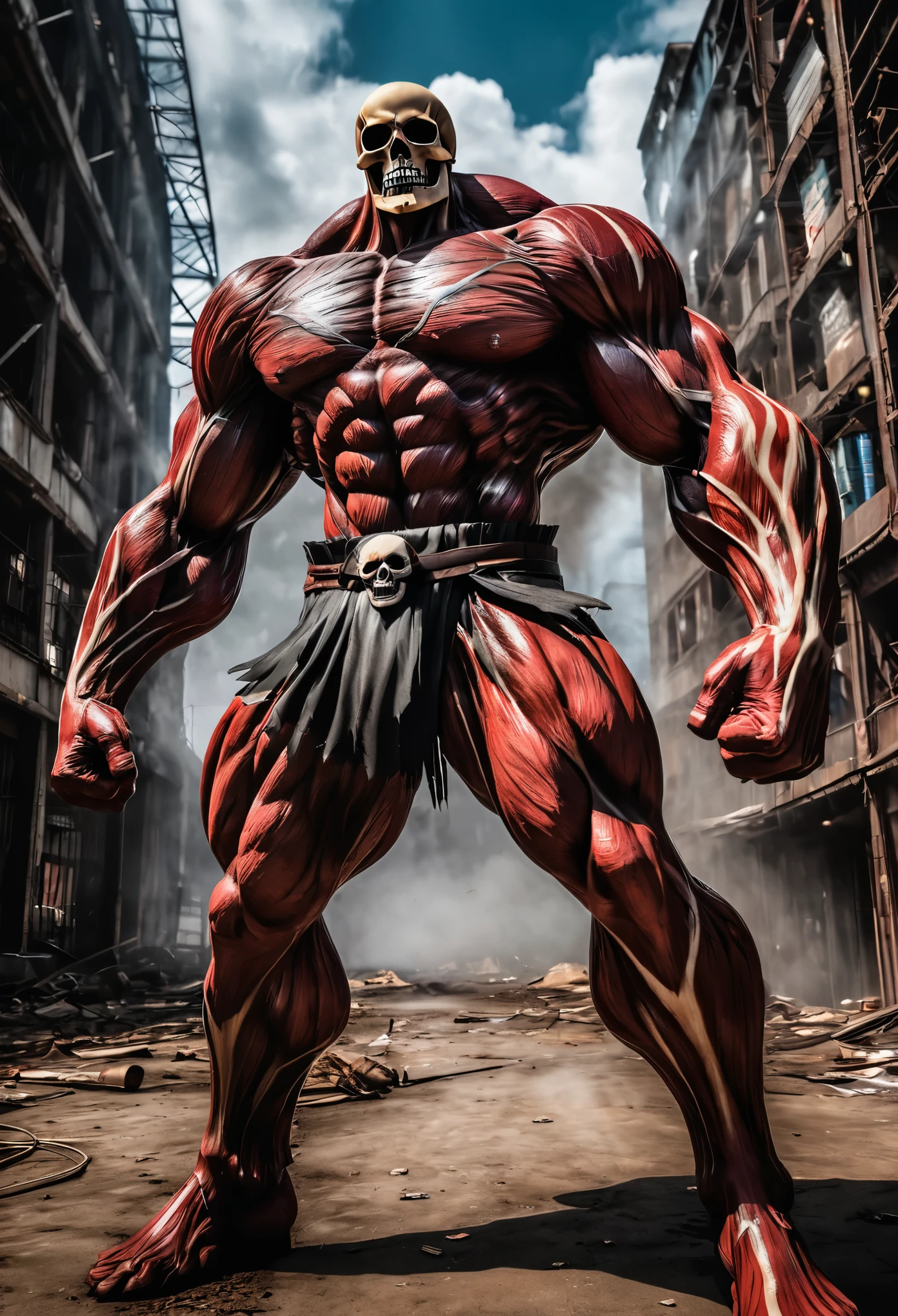 (Highest quality,4K,8k,High resolution,masterpiece:1.2),Very detailed,(Realistic,photoRealistic,photo-Realistic:1.37),Attack on Titanアニメスタイル, Skull and blood stains on the face of an anime character, Attack on Titanにインスピレーションを得た, Attack on Titanの巨人たち, Ellen Yeager, Attack on Titan, Super giant, shingeki no kyojin, Fighting giants, Attack on Titanの秘術, Giant giant, Inspired by new art, Giant giantからインスピレーションを得た, Intense battle scenes, A moving moment, dark and rough々Cool atmosphere, Spectacular action sequences, Intense expression, Dynamic pose, Dramatic lighting, Post-apocalyptic setting